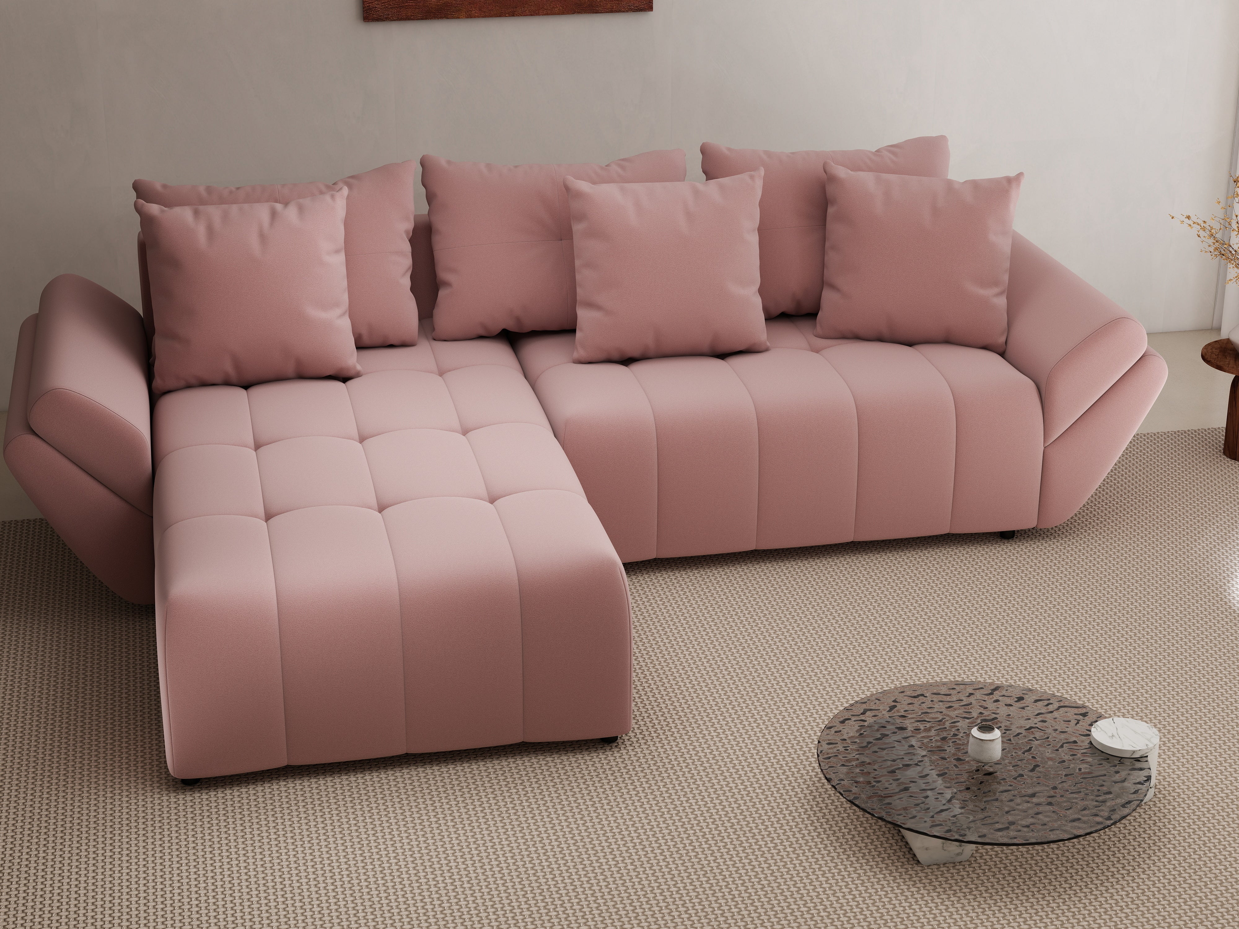 Colțar extensibil dumonde cu ladă de depozitare si sezut confortabil din spuma HR, Berlin Royal Roz 280x185 cm Fabrica