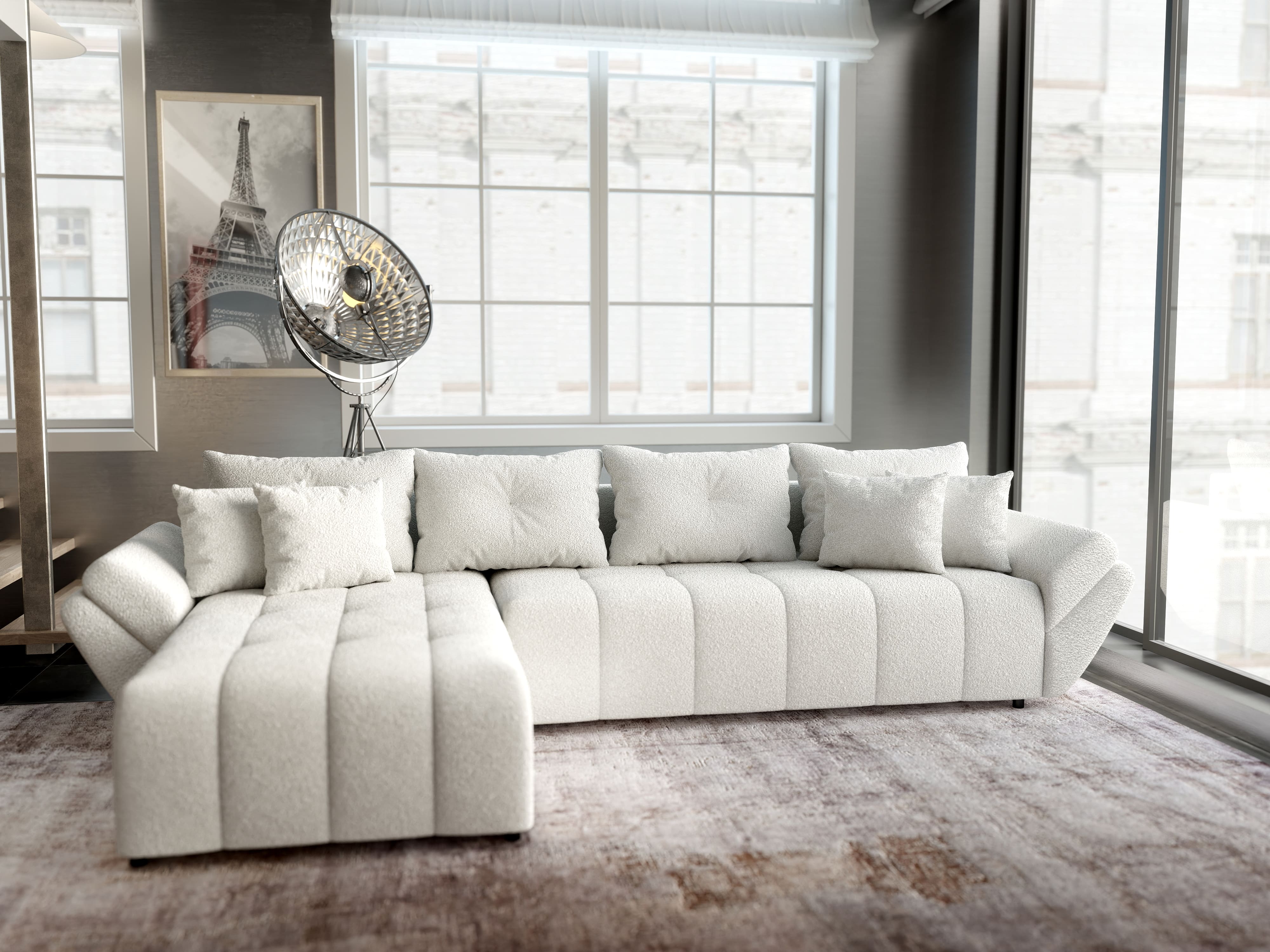 Colțar extensibil dumonde cu ladă de depozitare si sezut confortabil din spuma HR, Berlin XL Euphoria Ivory 350x185 cm Fabrica