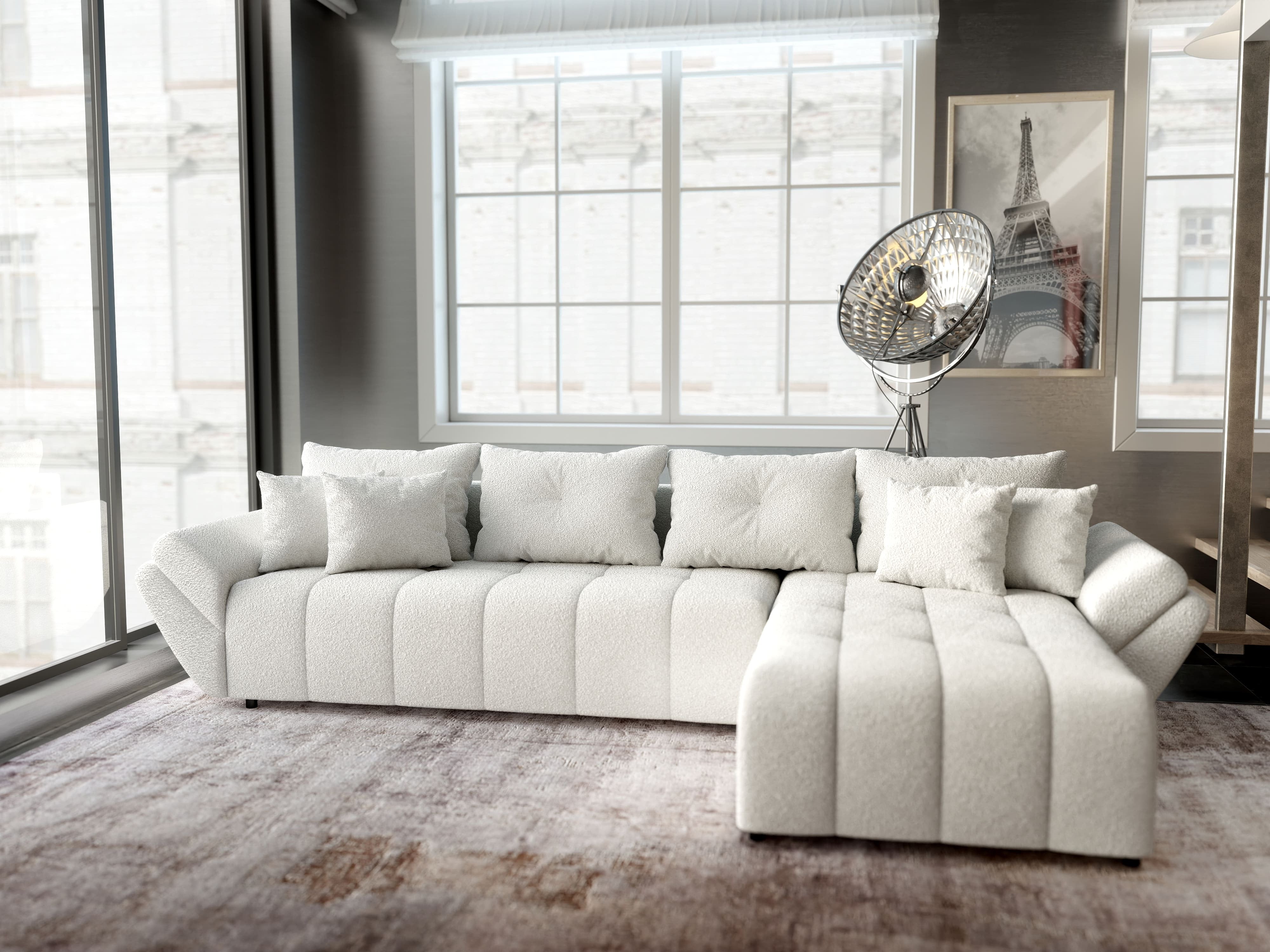 Colțar extensibil dumonde cu ladă de depozitare si sezut confortabil din spuma HR, Berlin XL Euphoria Ivory 350x185 cm II Fabrica