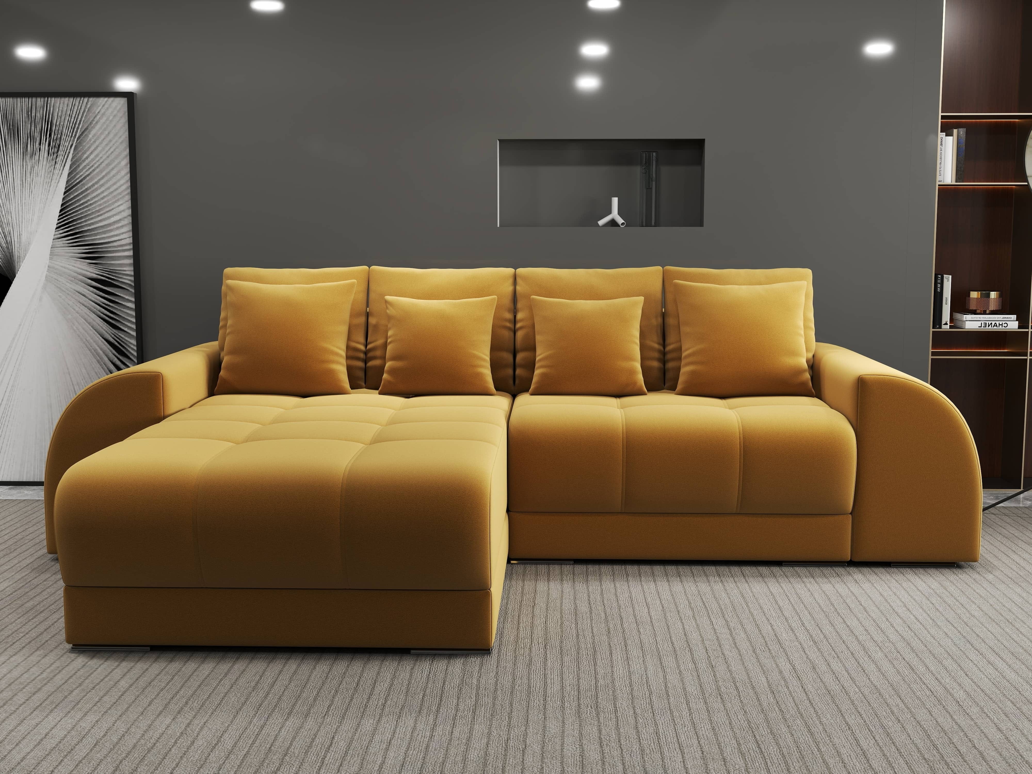 Colțar extensibil dumonde cu ladă de depozitare si sezut confortabil din spuma HR, Verona Royal Mustar 290x185 cm Fabrica