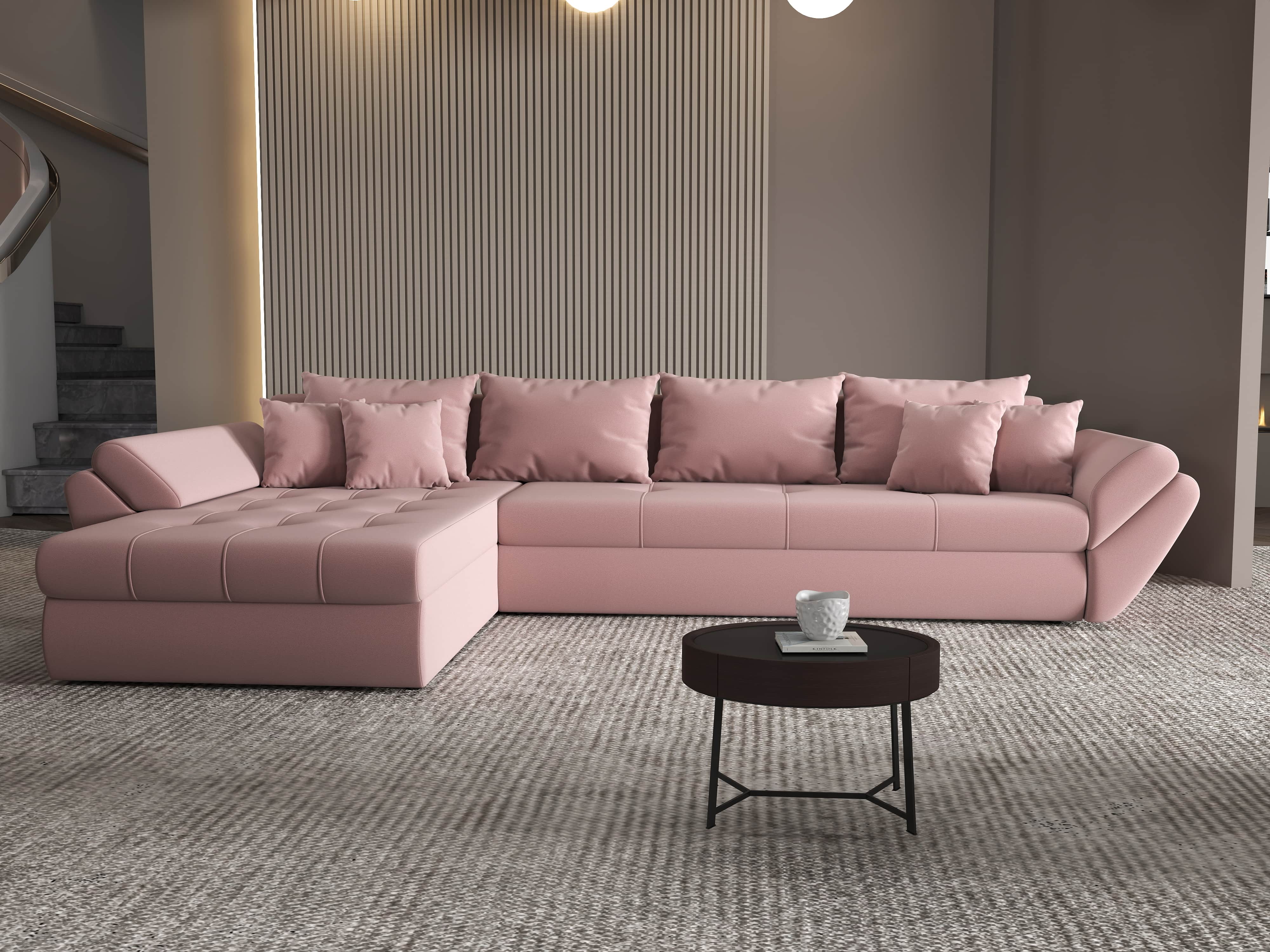 Colțar extensibil dumonde cu ladă de depozitare si sezut confortabil din spuma HR, Loana XL Royal Roz 335x185 cm Fabrica