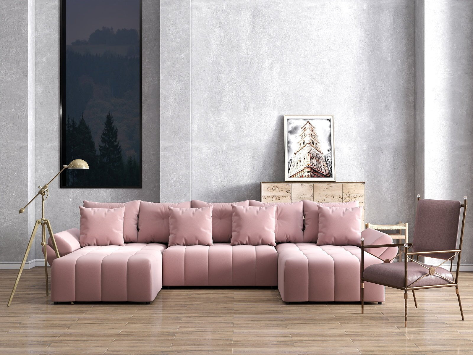 Colțar extensibil dumonde cu ladă de depozitare si sezut confortabil din spuma HR, Berlin U Royal Roz 380x180 cm Fabrica