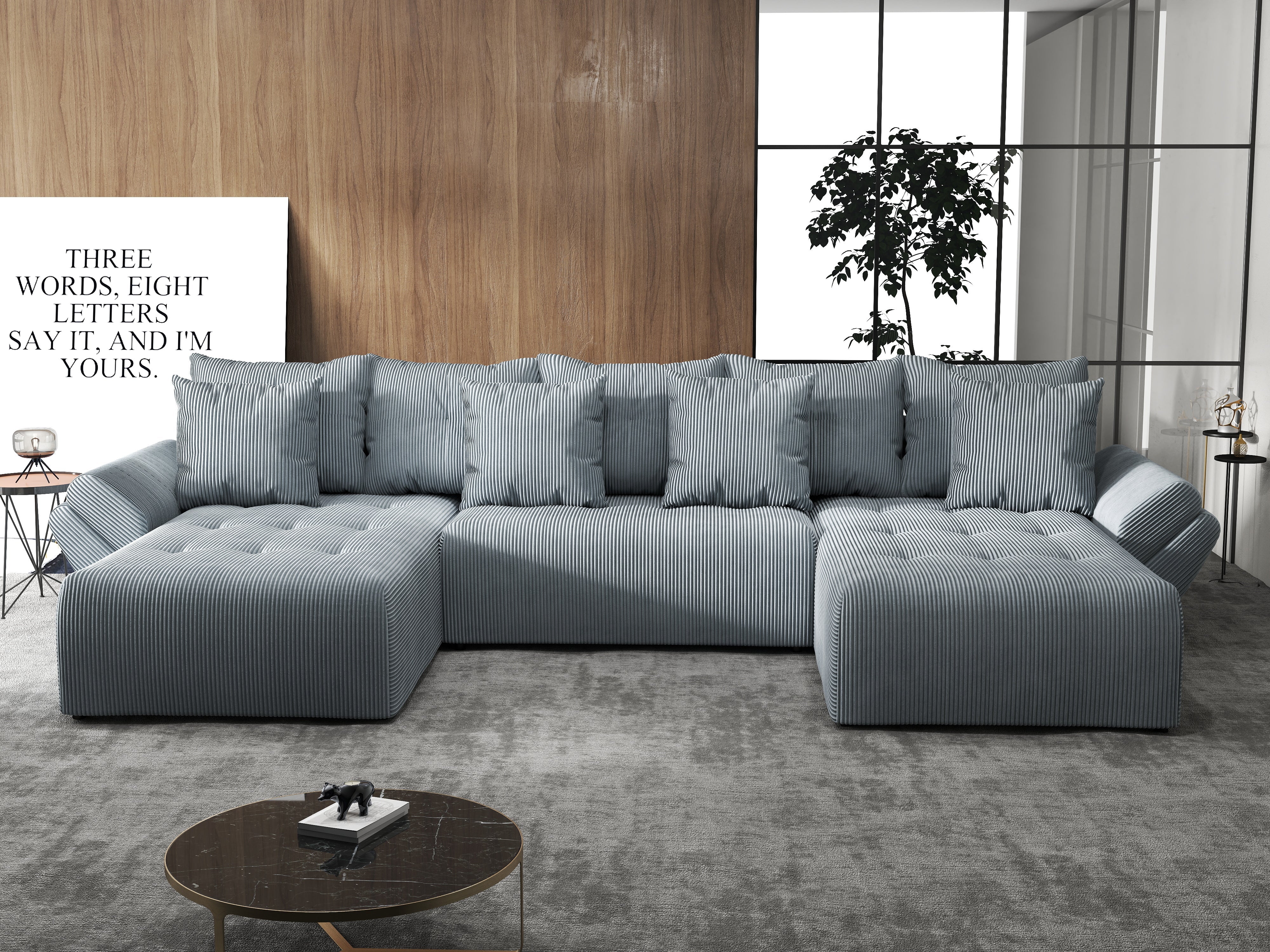 Colțar extensibil dumonde cu ladă de depozitare si sezut confortabil din spuma HR, Berlin U Zoom GREY 380x180 cm Fabrica