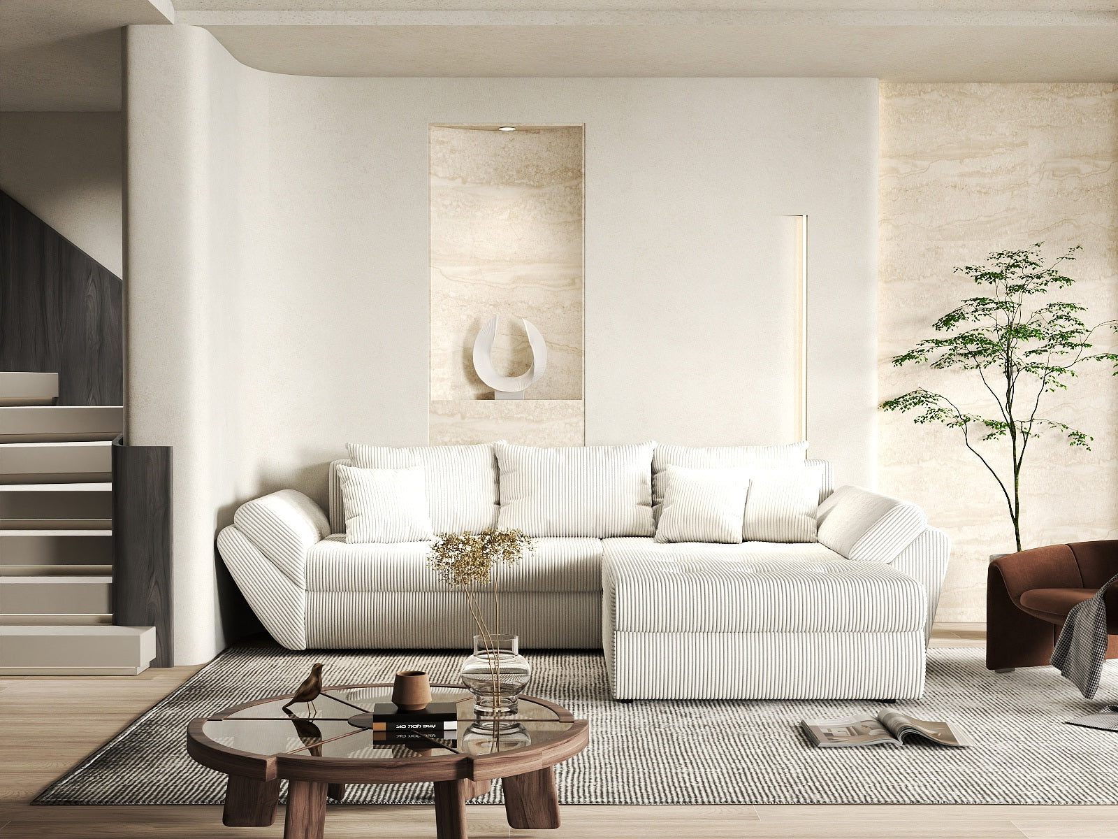 Colțar extensibil dumonde cu ladă de depozitare si sezut confortabil din spuma HR, Loana Zoom Crem II 270x185 cm Fabrica