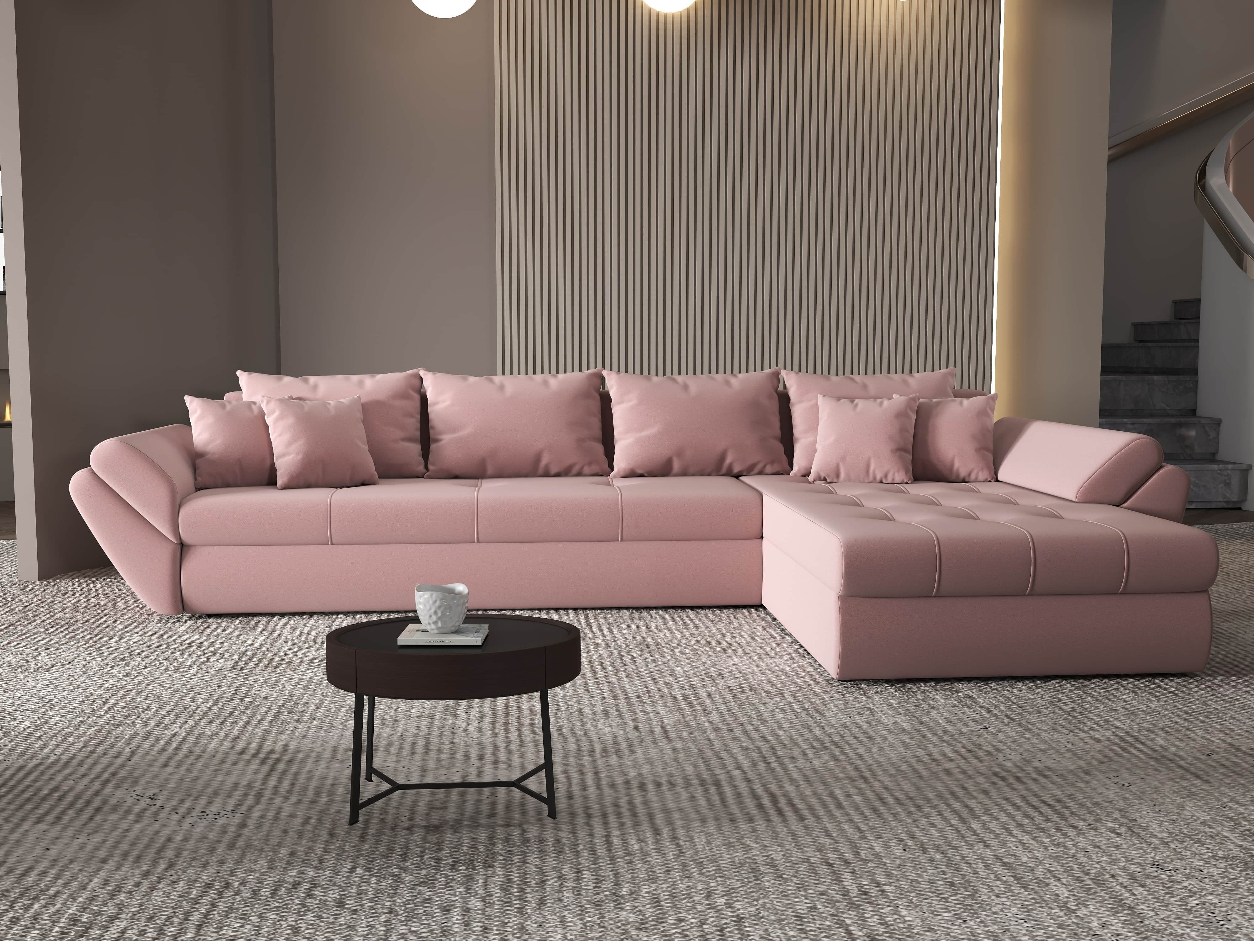 Colțar extensibil dumonde cu ladă de depozitare si sezut confortabil din spuma HR, Loana XL Royal Roz II 335x185 cm Fabrica