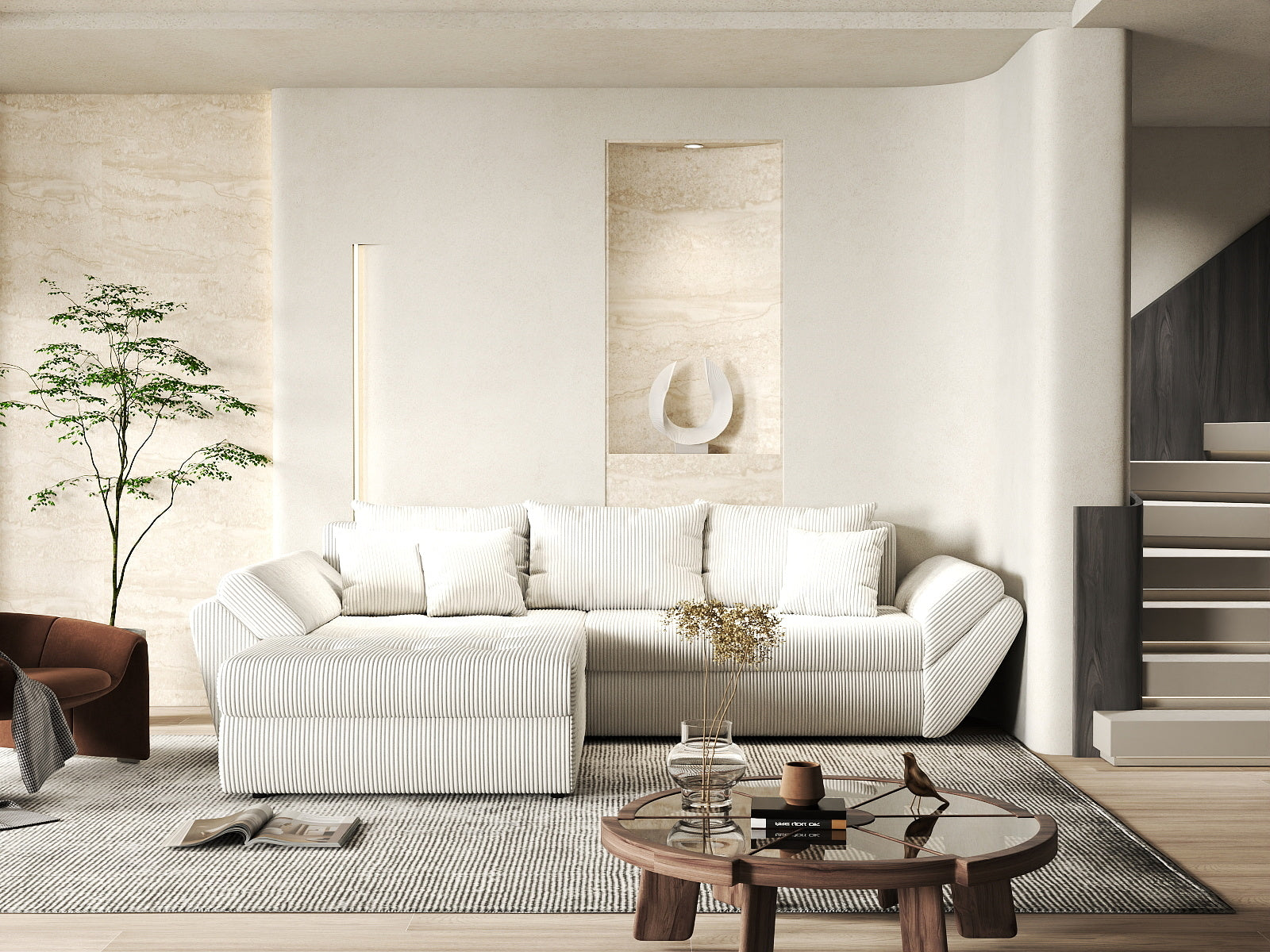 Colțar extensibil dumonde cu ladă de depozitare si sezut confortabil din spuma HR, Loana Zoom Crem 270x185 cm Fabrica