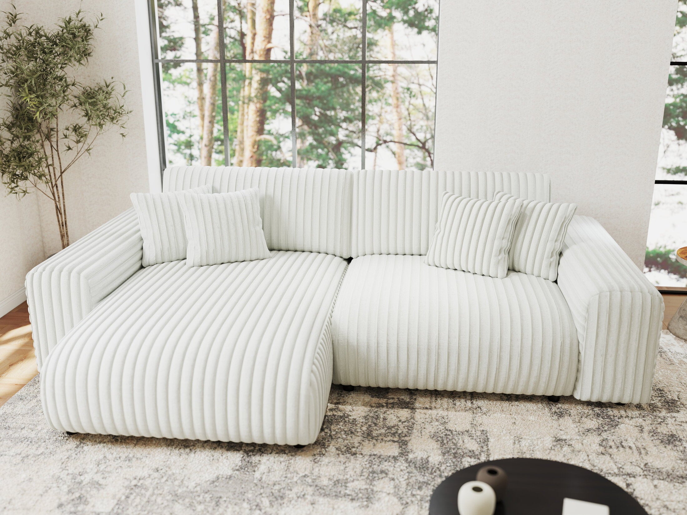 Colțar extensibil dumonde cu ladă de depozitare si sezut confortabil din spuma HR, Sarina Ambience Alb 255x168 cm