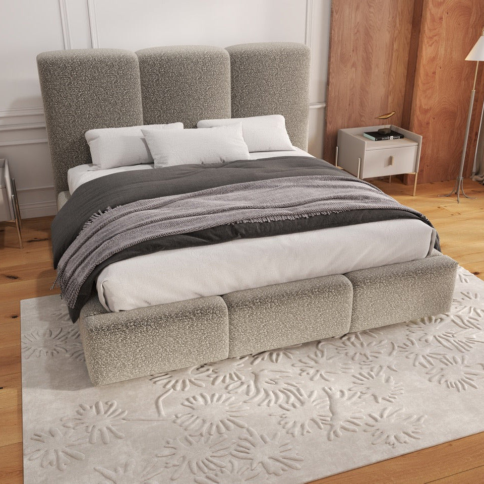 Pat dormitor dumonde, tapitat gri, Dinasty 160x200 cm, somiera rabatabila inclusa, spatiu depozitare