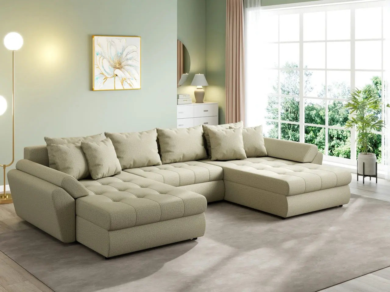 Colțar extensibil dumonde cu ladă de depozitare si sezut confortabil din spuma HR, Loana U Enjoy Camel 355x185 cm Fabrica