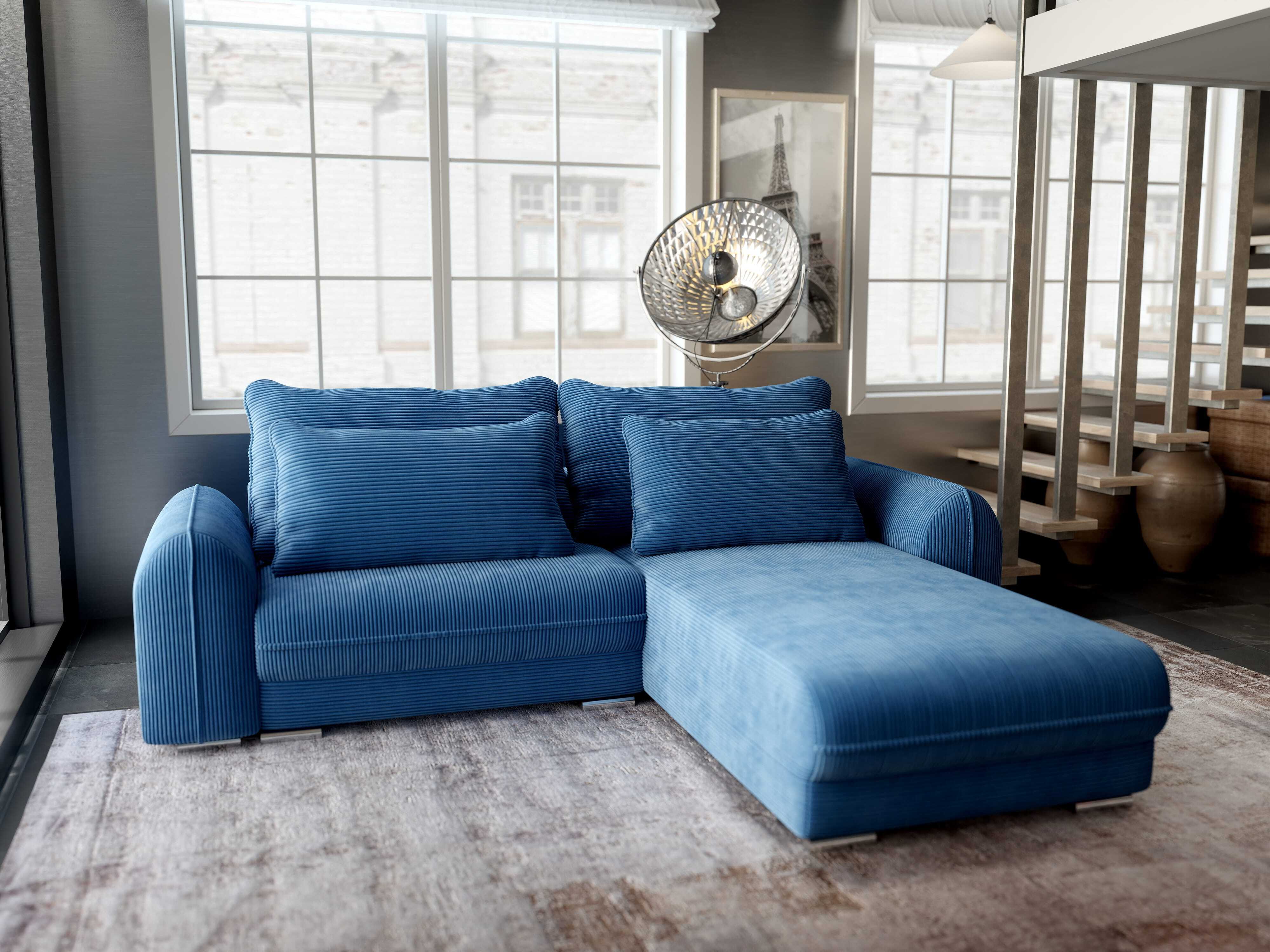 Colțar extensibil dumonde cu ladă de depozitare si sezut confortabil din spuma HR, Denver Zoom Albastru 275x185 cm II Fabrica