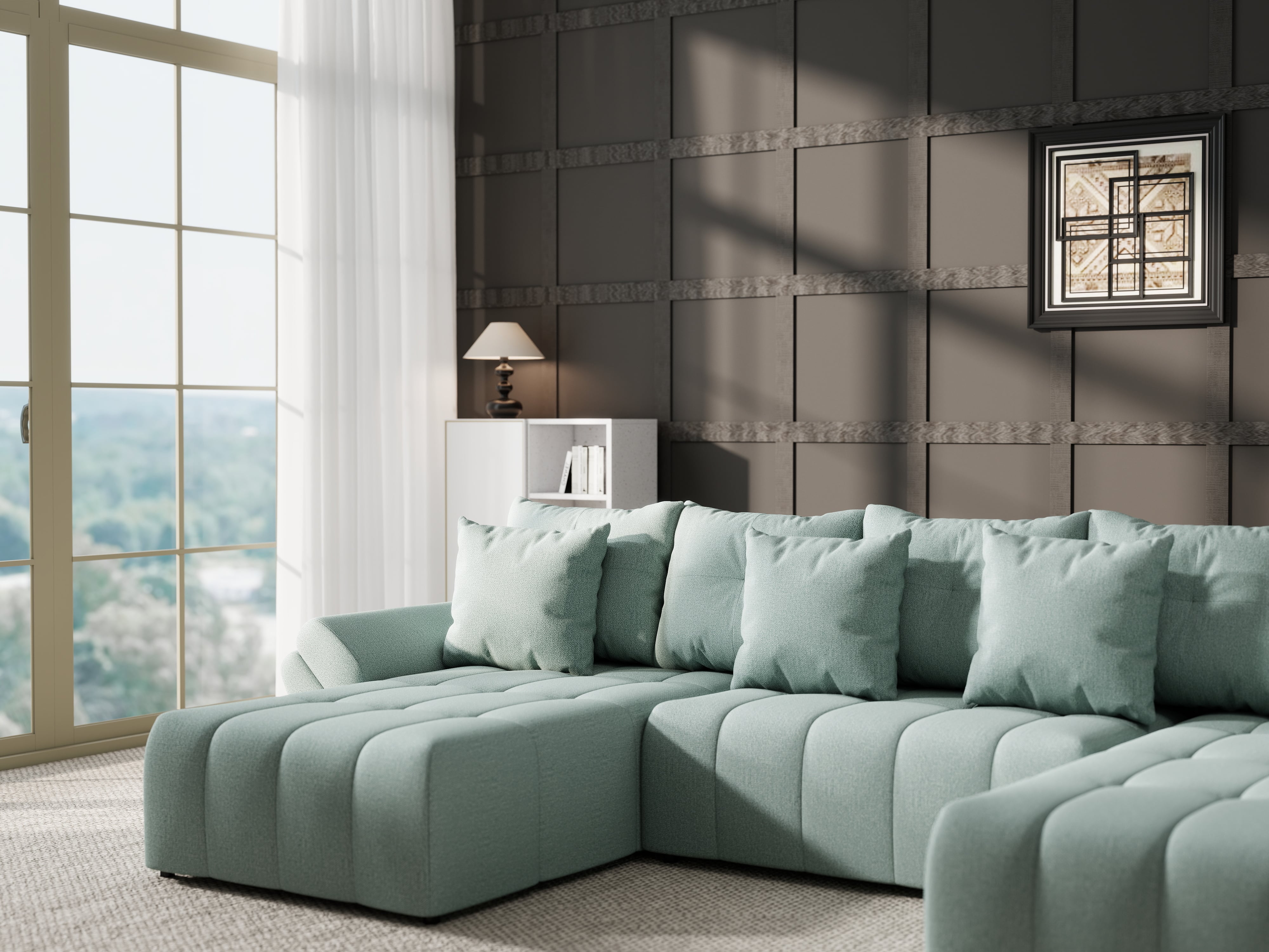 Colțar extensibil dumonde cu ladă de depozitare si sezut confortabil din spuma HR, Berlin U Enjoy Mint 380x180 cm Fabrica