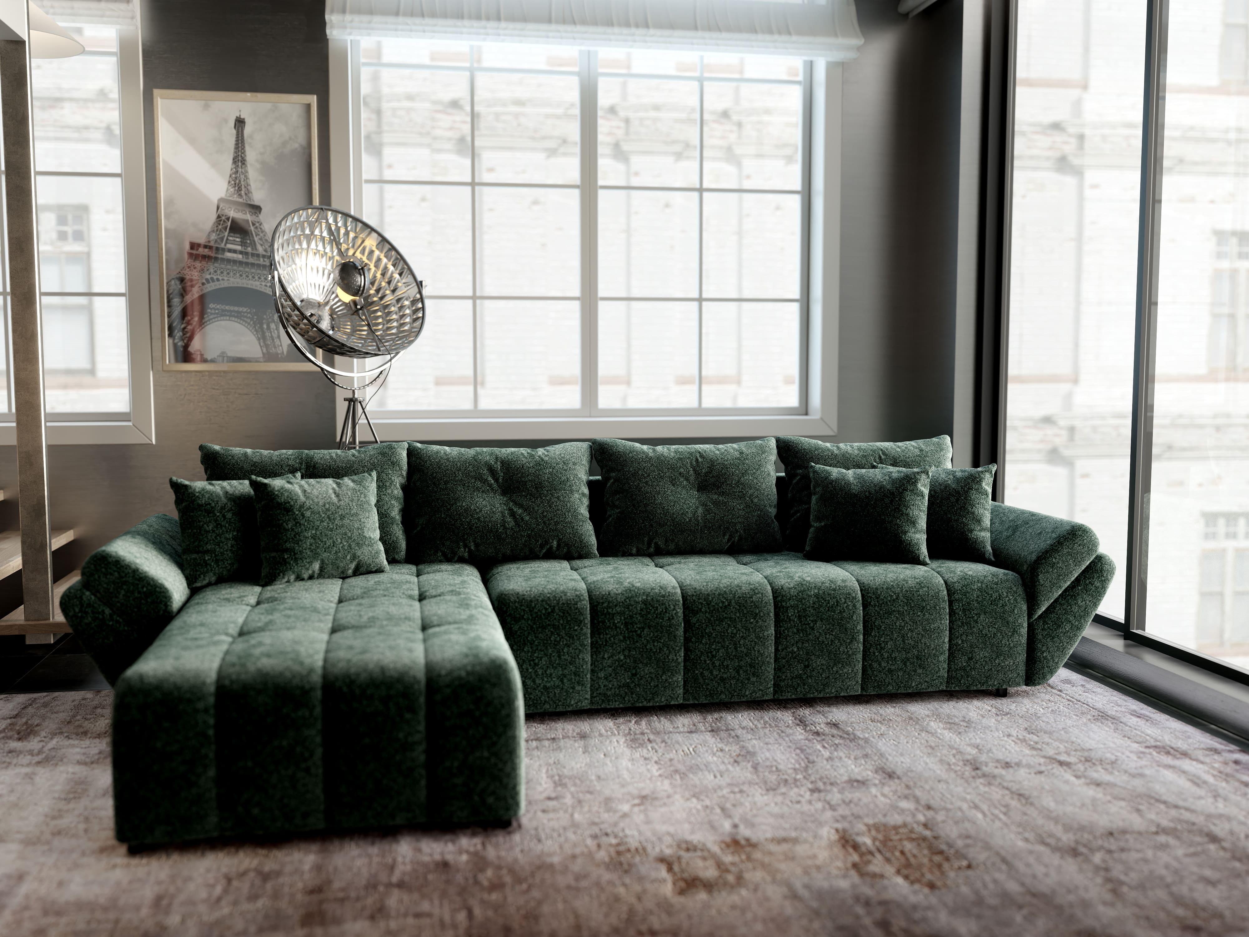 Colțar extensibil dumonde cu ladă de depozitare si sezut confortabil din spuma HR, Berlin XL Euphoria Green 350x185 cm Fabrica