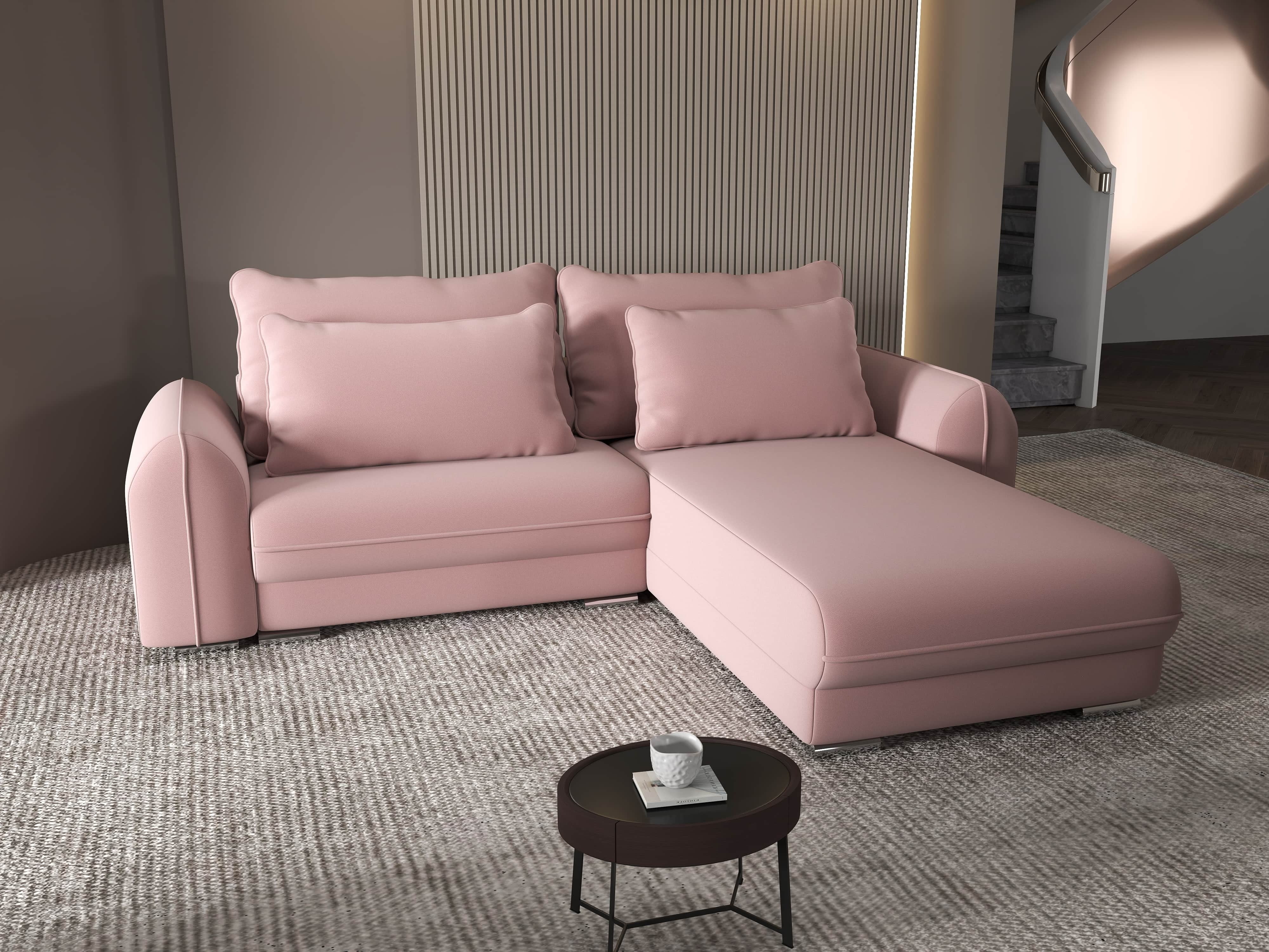 Colțar extensibil dumonde cu ladă de depozitare si sezut confortabil din spuma HR, Denver Royal Roz 275x185 cm II Fabrica