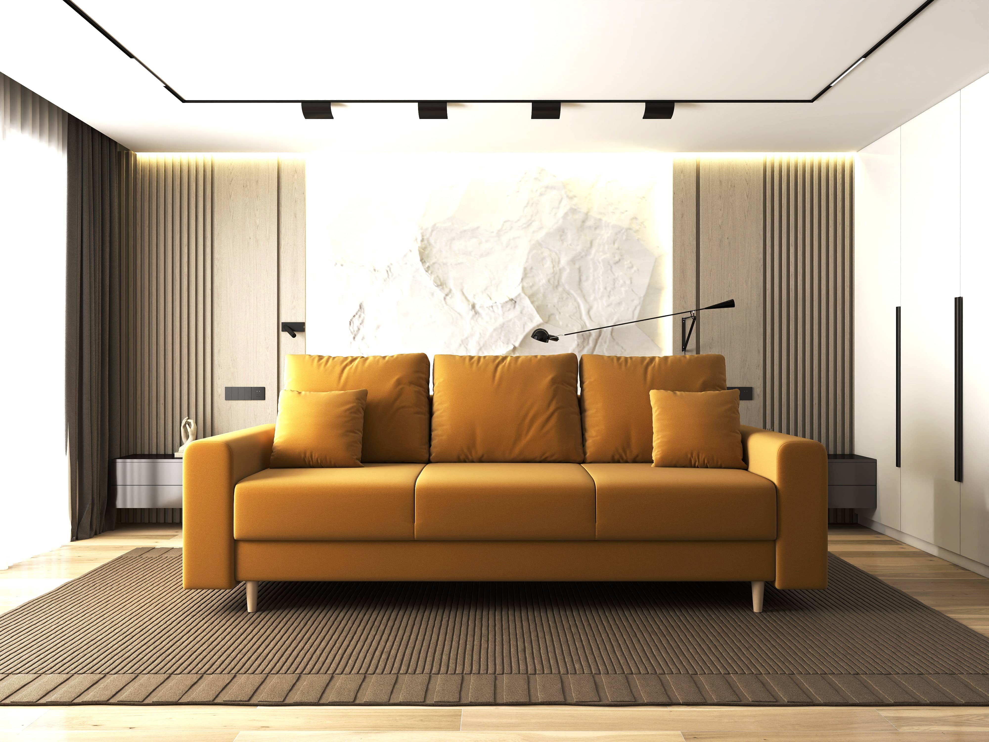 Canapea extensibilă dumonde cu ladă de depozitare si sezut confortabil din spuma HR, Kronos Royal Mustar 210x100 cm fabrica