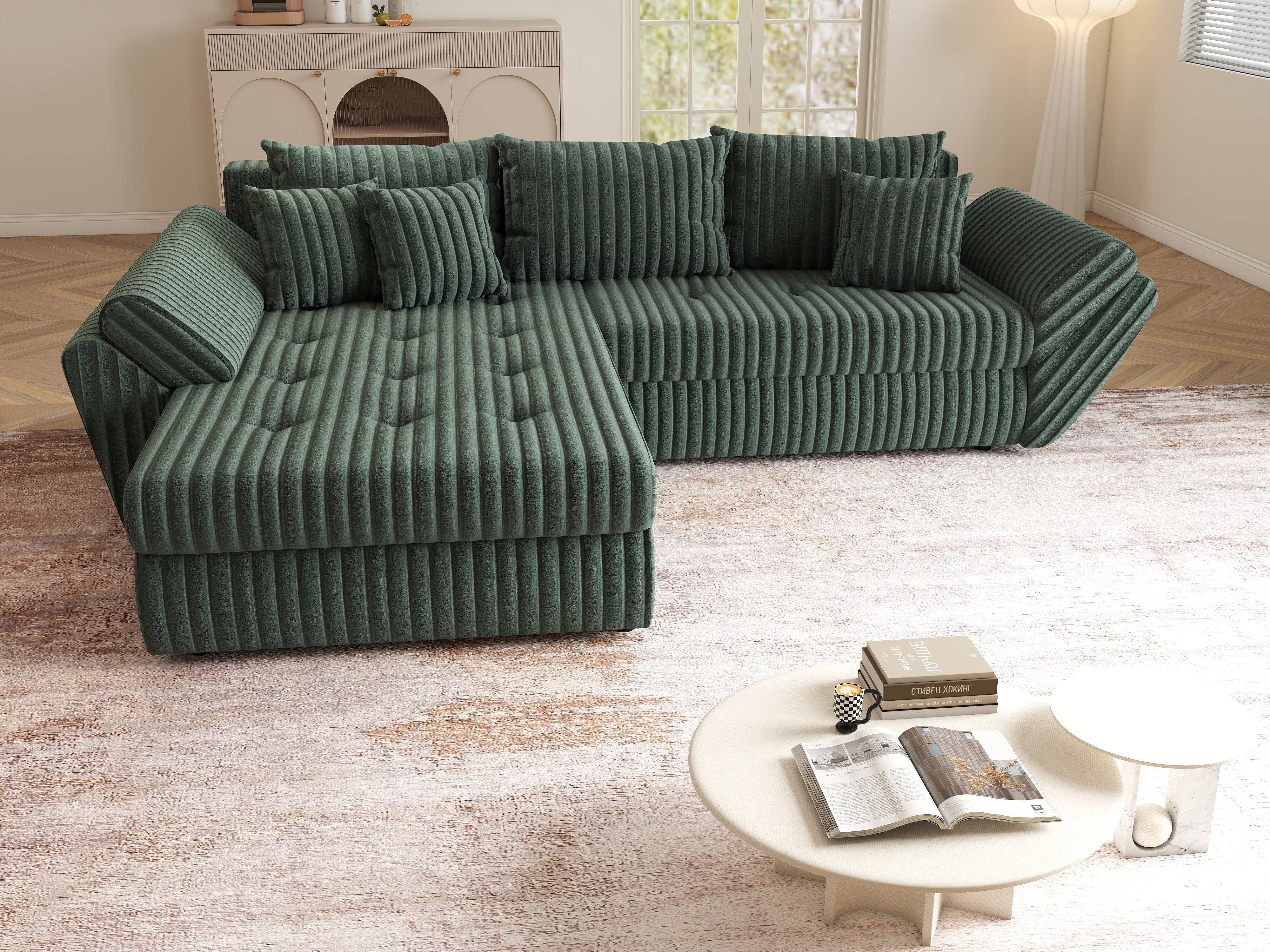 Colțar extensibil dumonde cu ladă de depozitare si sezut confortabil din spuma HR, Loana Ambience Green 270x185 cm Fabrica