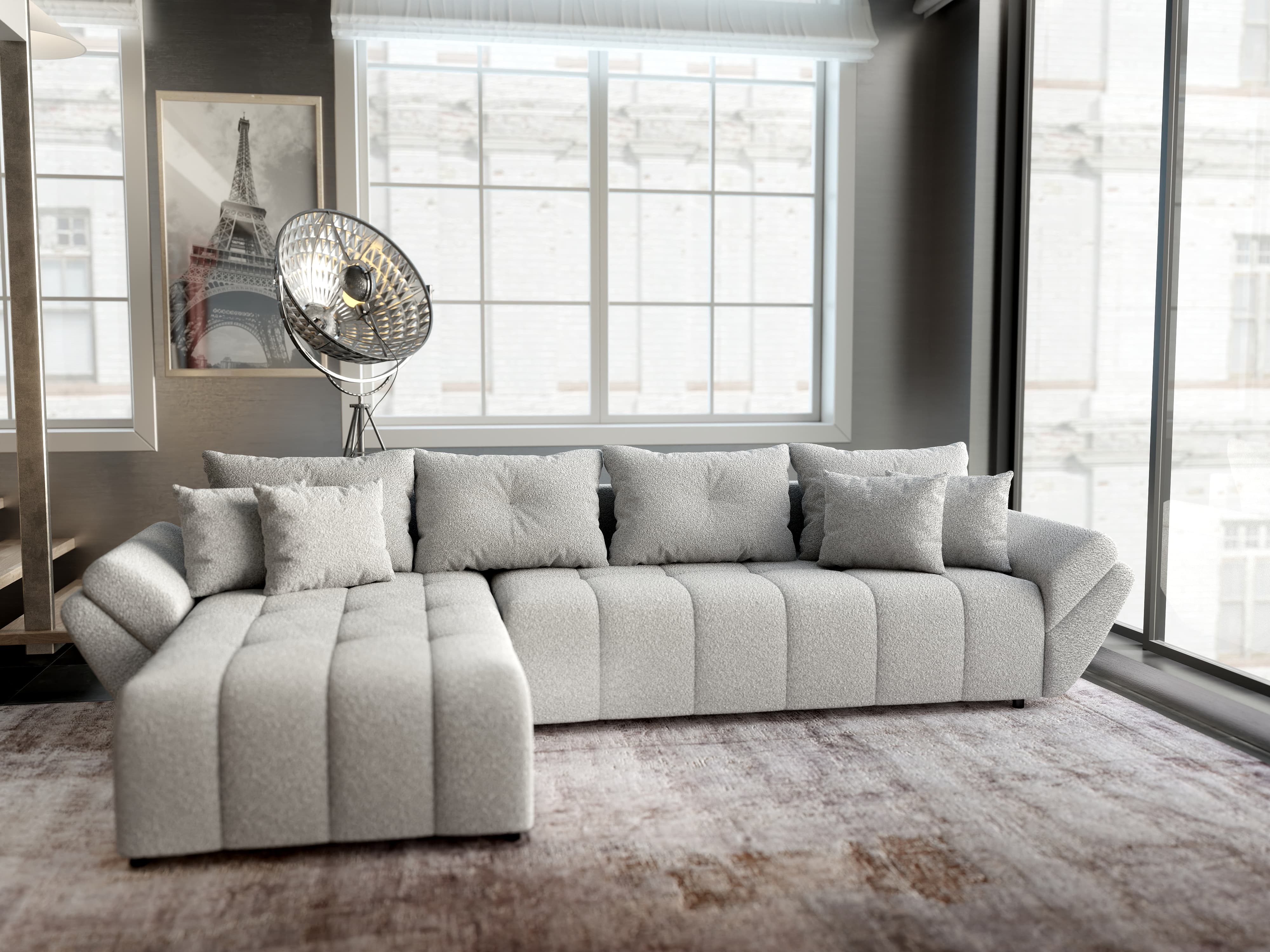 Colțar extensibil dumonde cu ladă de depozitare si sezut confortabil din spuma HR, Berlin XL Euphoria Dove 350x185 cm Fabrica