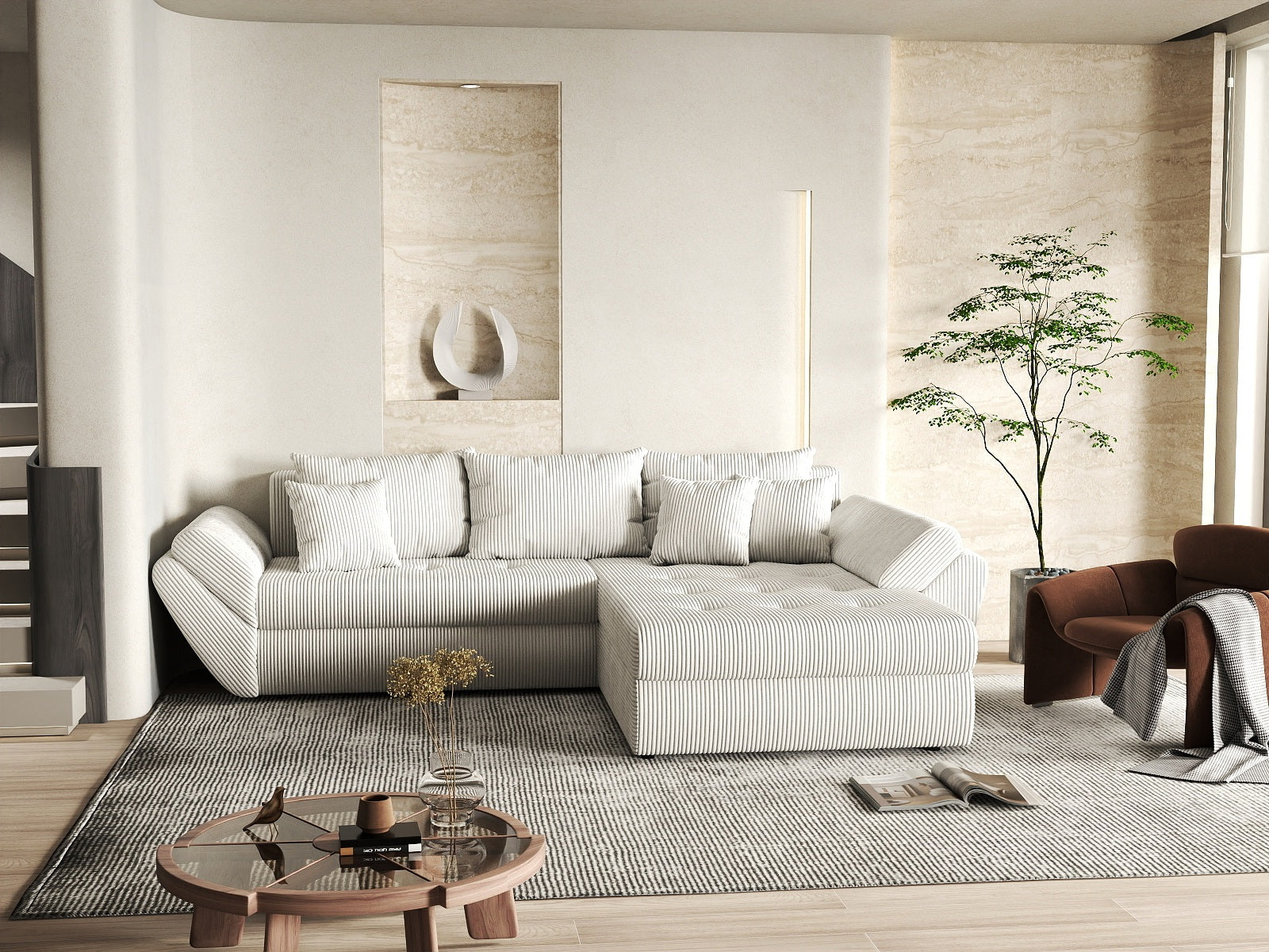 Colțar extensibil dumonde cu ladă de depozitare si sezut confortabil din spuma HR, Loana Zoom Crem II 270x185 cm Fabrica