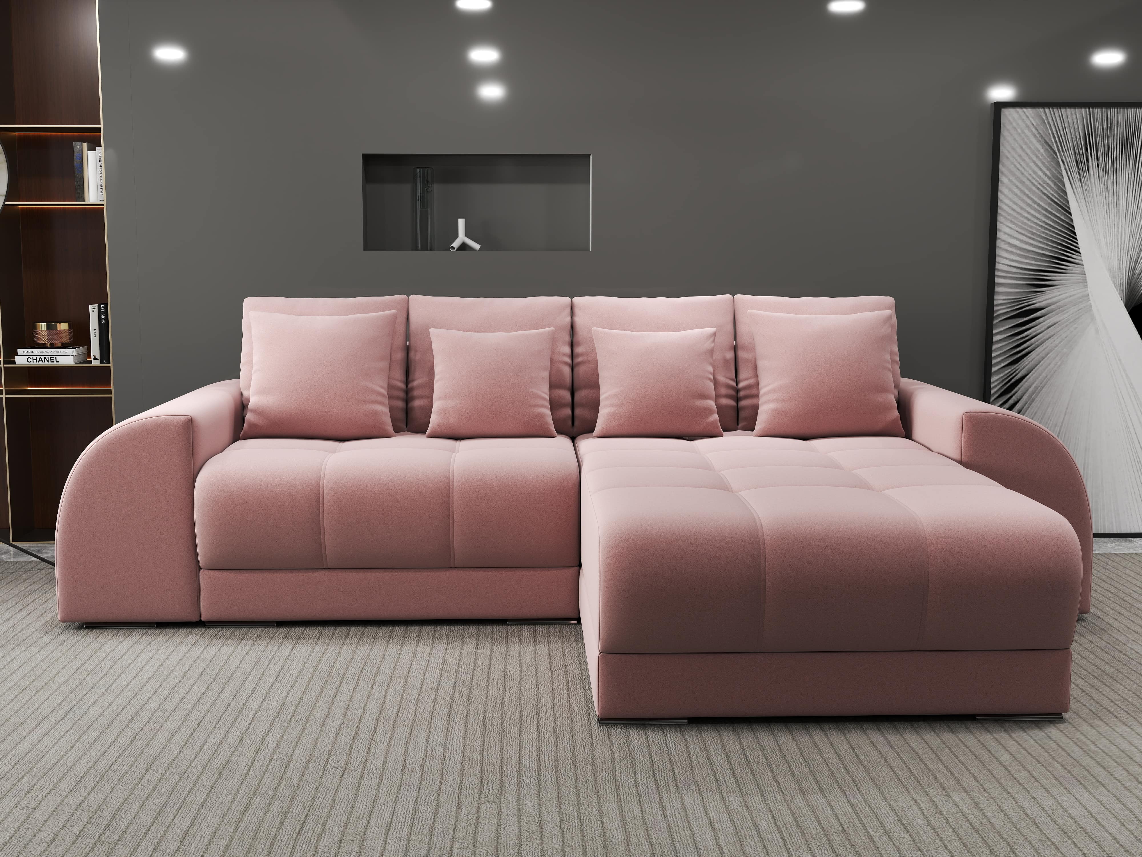 Colțar extensibil dumonde cu ladă de depozitare si sezut confortabil din spuma HR, Verona Royal Roz II 290x185 cm Fabrica