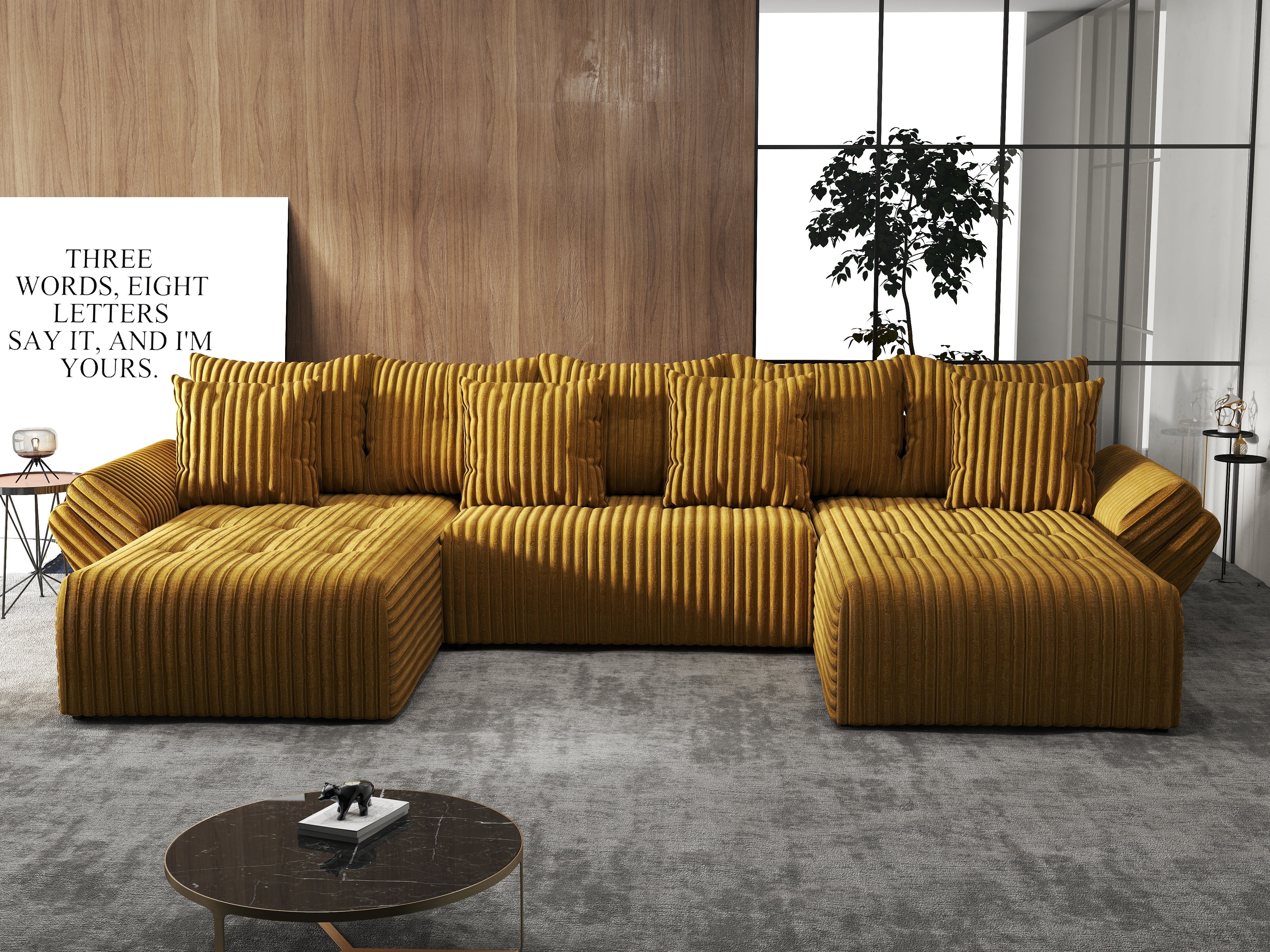 Colțar extensibil dumonde cu ladă de depozitare si sezut confortabil din spuma HR, Berlin U Ambiance Mustar 380x180 cm Fabrica