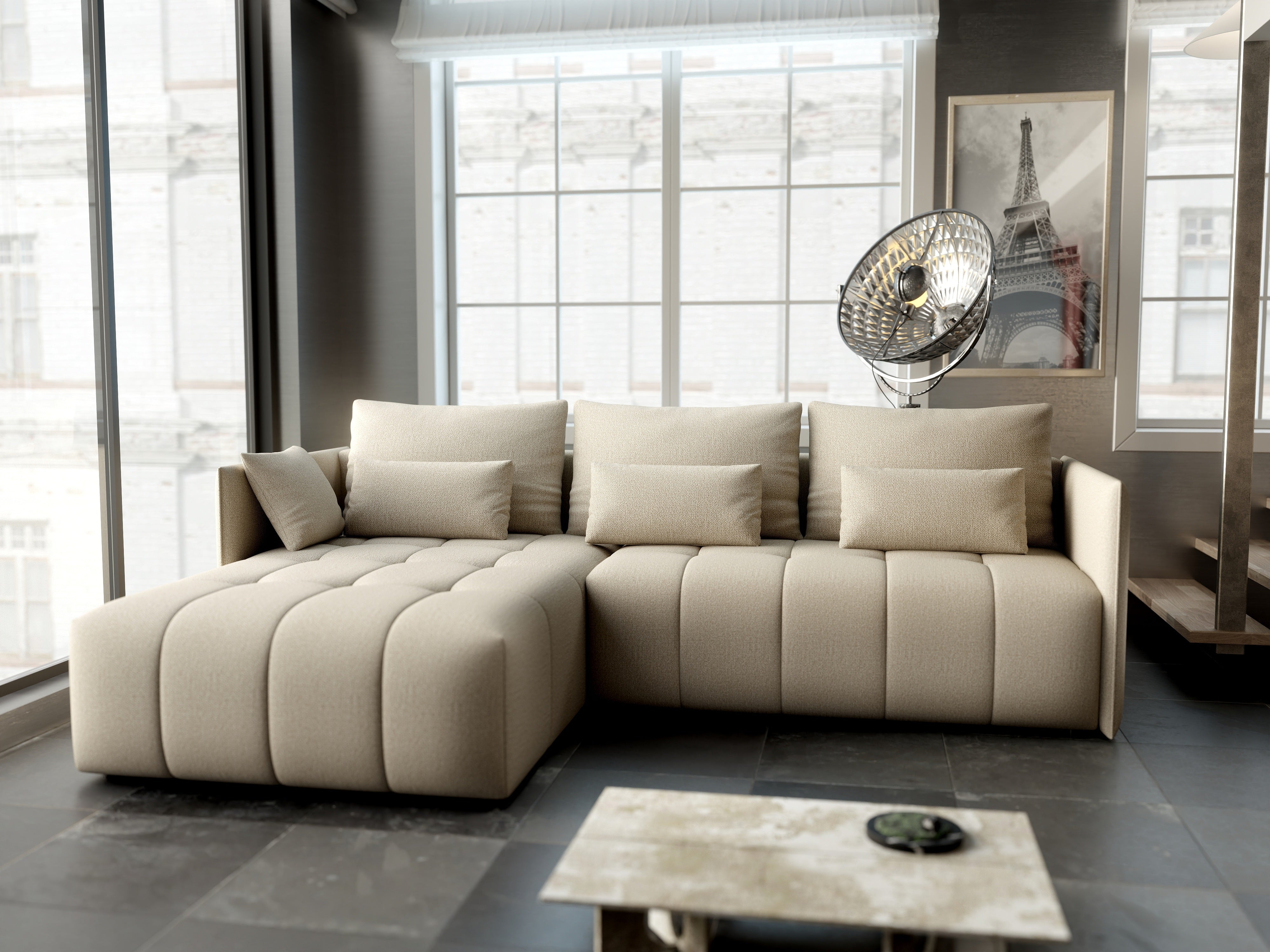 Colțar extensibil dumonde cu ladă de depozitare si sezut confortabil din spuma HR, Malta Bej 235x185 cm Fabrica