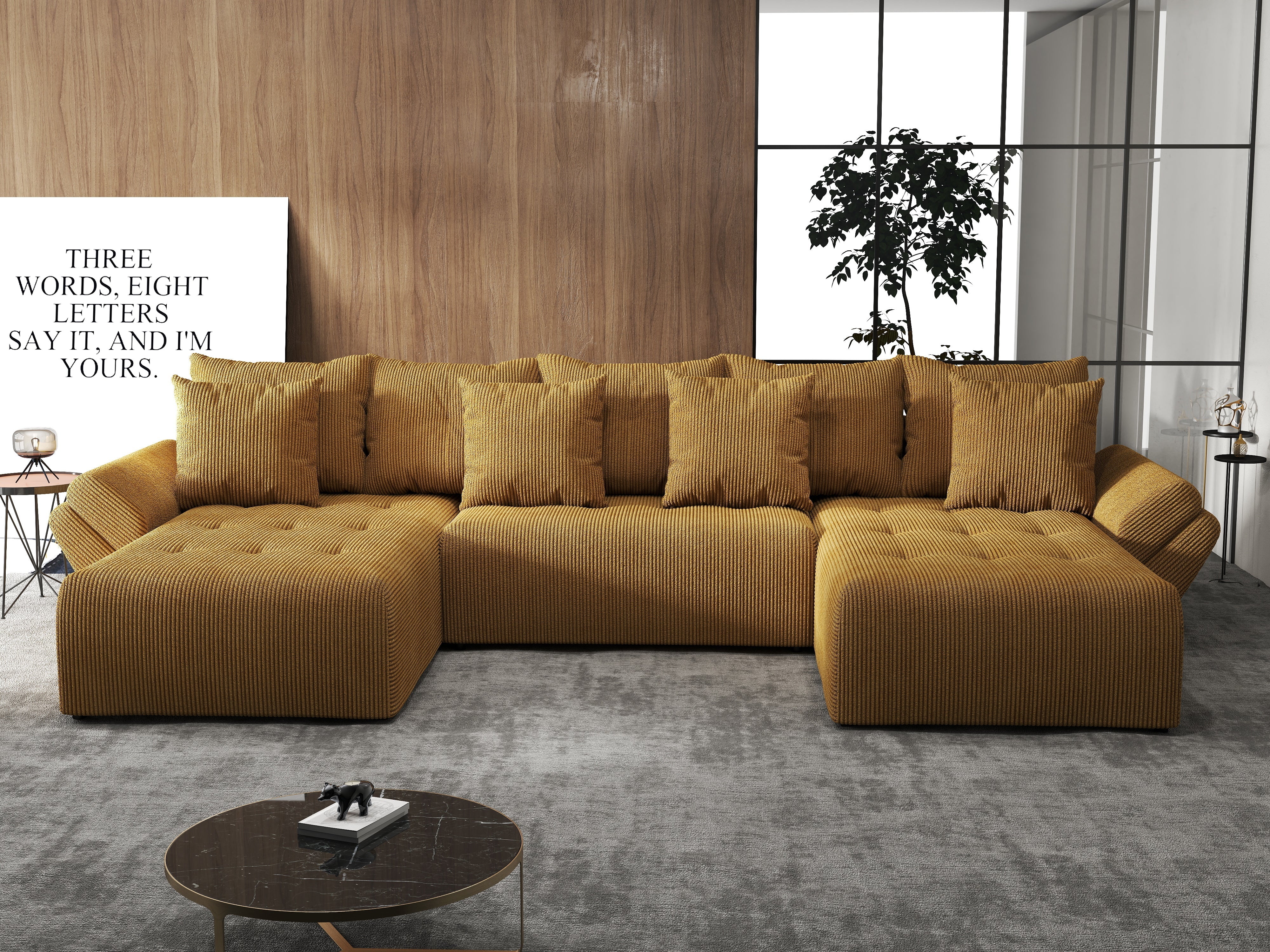 Colțar extensibil dumonde cu ladă de depozitare si sezut confortabil din spuma HR, Berlin U Zoom Mustar 380x180 cm Fabrica