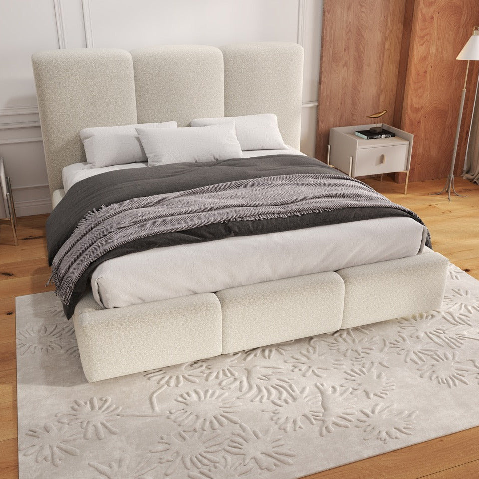 Pat dormitor dumonde, tapitat bej, Dinasty 160x200 cm, somiera rabatabila inclusa, spatiu depozitare