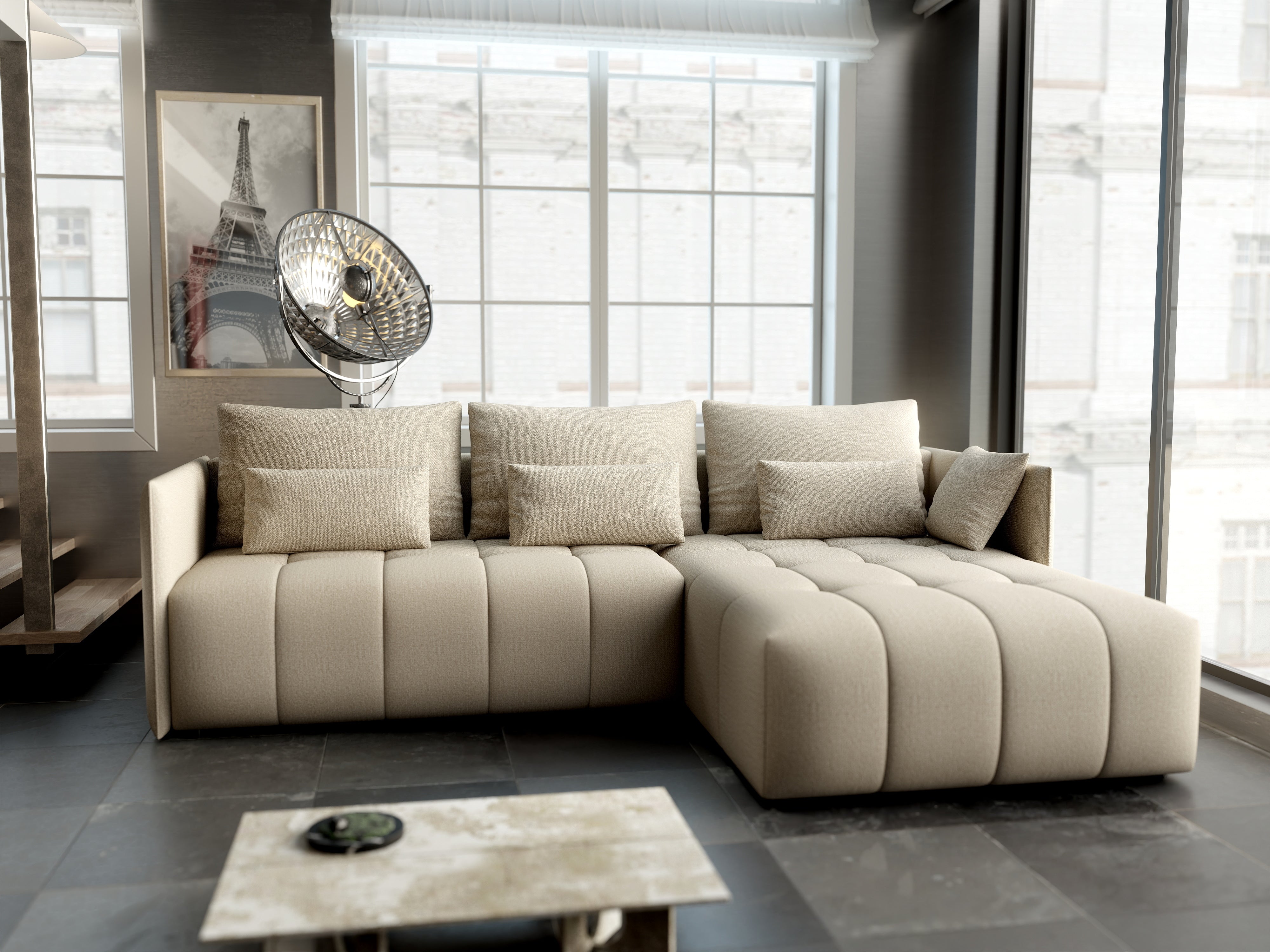 Colțar extensibil dumonde cu ladă de depozitare si sezut confortabil din spuma HR, Malta Bej II 235x185 cm Fabrica