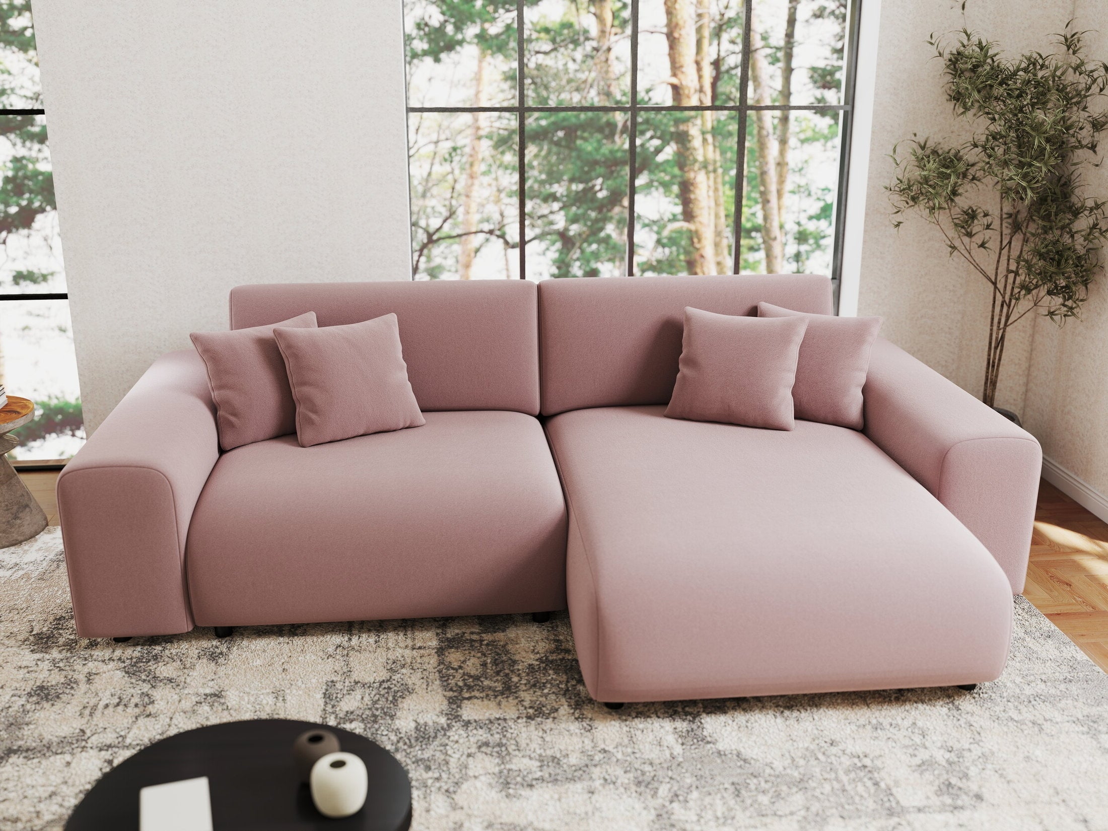 Colțar extensibil dumonde cu ladă de depozitare si sezut confortabil din spuma HR, Sarina Royal Roz 255x168 cm II