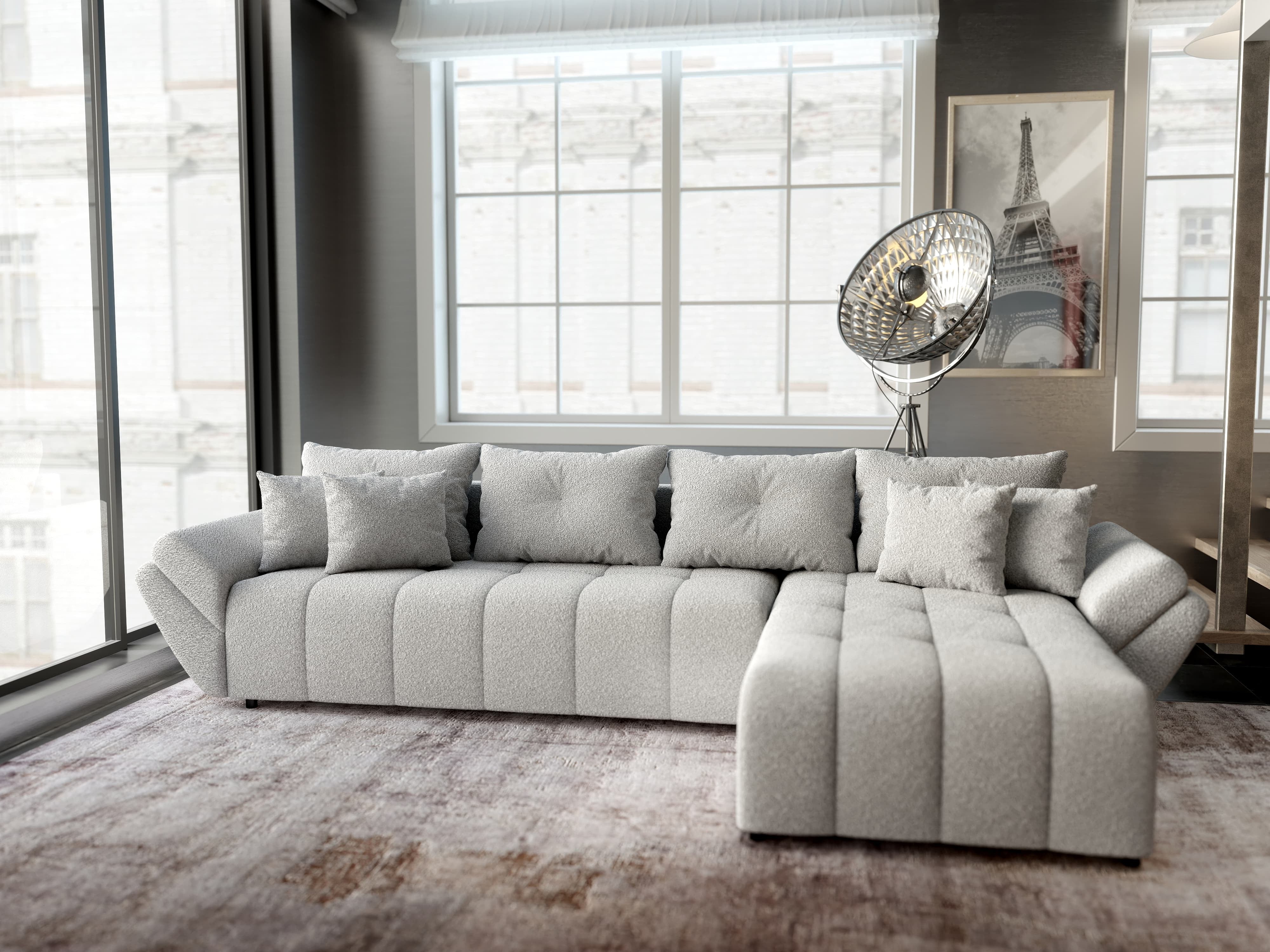 Colțar extensibil dumonde cu ladă de depozitare si sezut confortabil din spuma HR, Berlin XL Euphoria Dove 350x185 cm II Fabrica