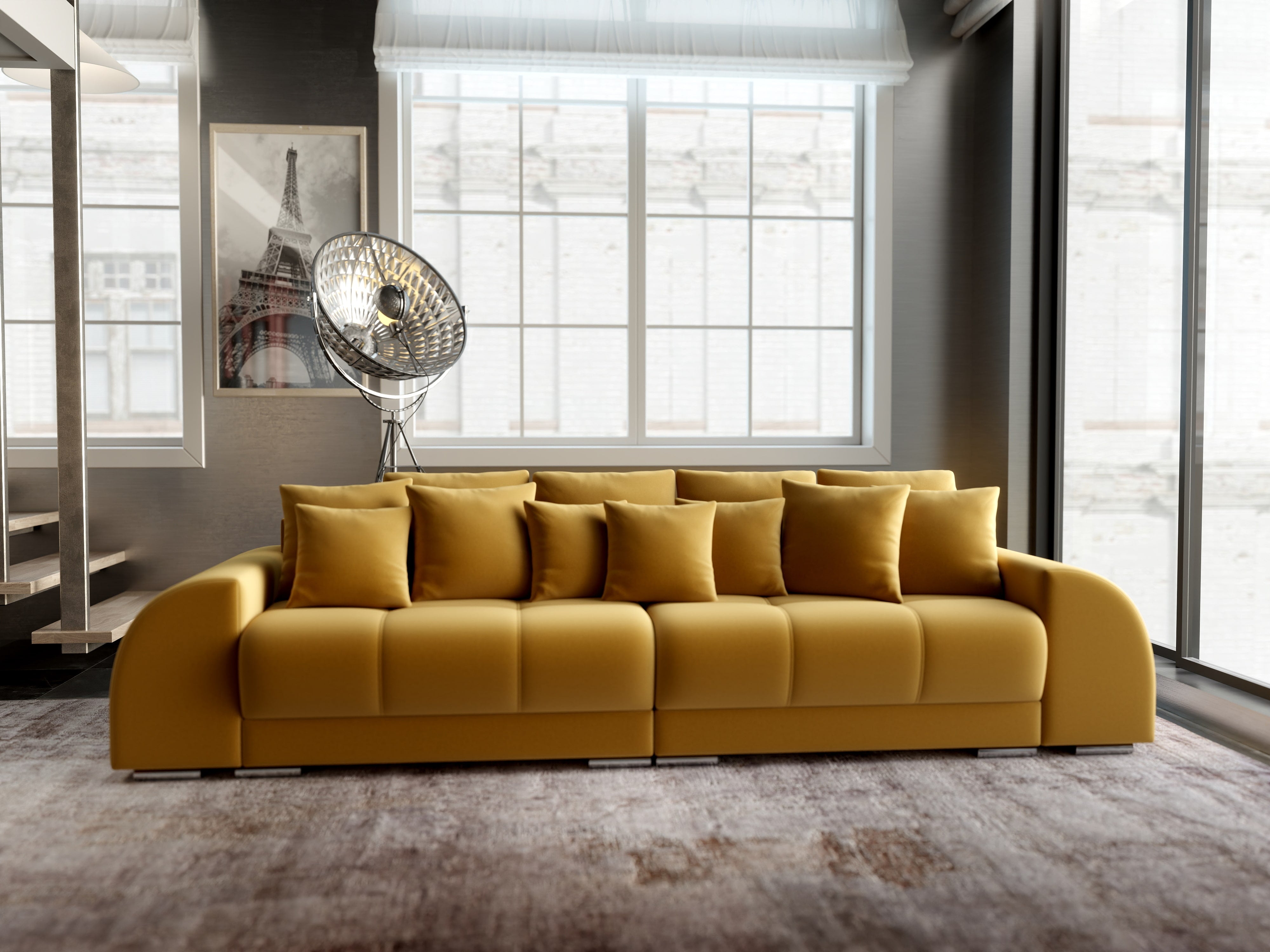 Canapea extensibilă dumonde cu 2 lăzi de depozitare si sezut confortabil din spuma HR, Verona Royal Mustar 310x100 cm Fabrica