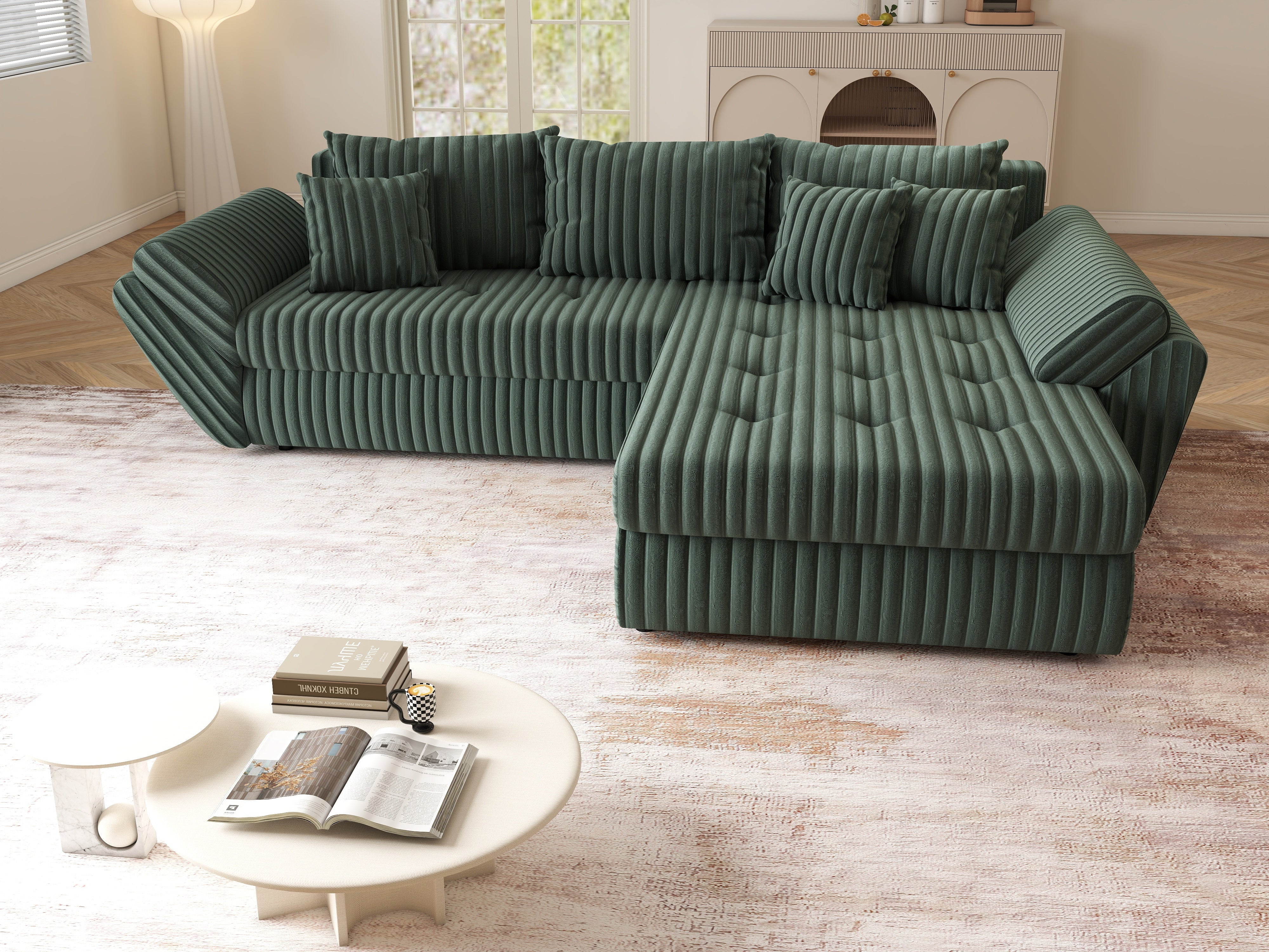 Colțar extensibil dumonde cu ladă de depozitare si sezut confortabil din spuma HR, Loana Ambience Green II 270x185 cm Fabrica