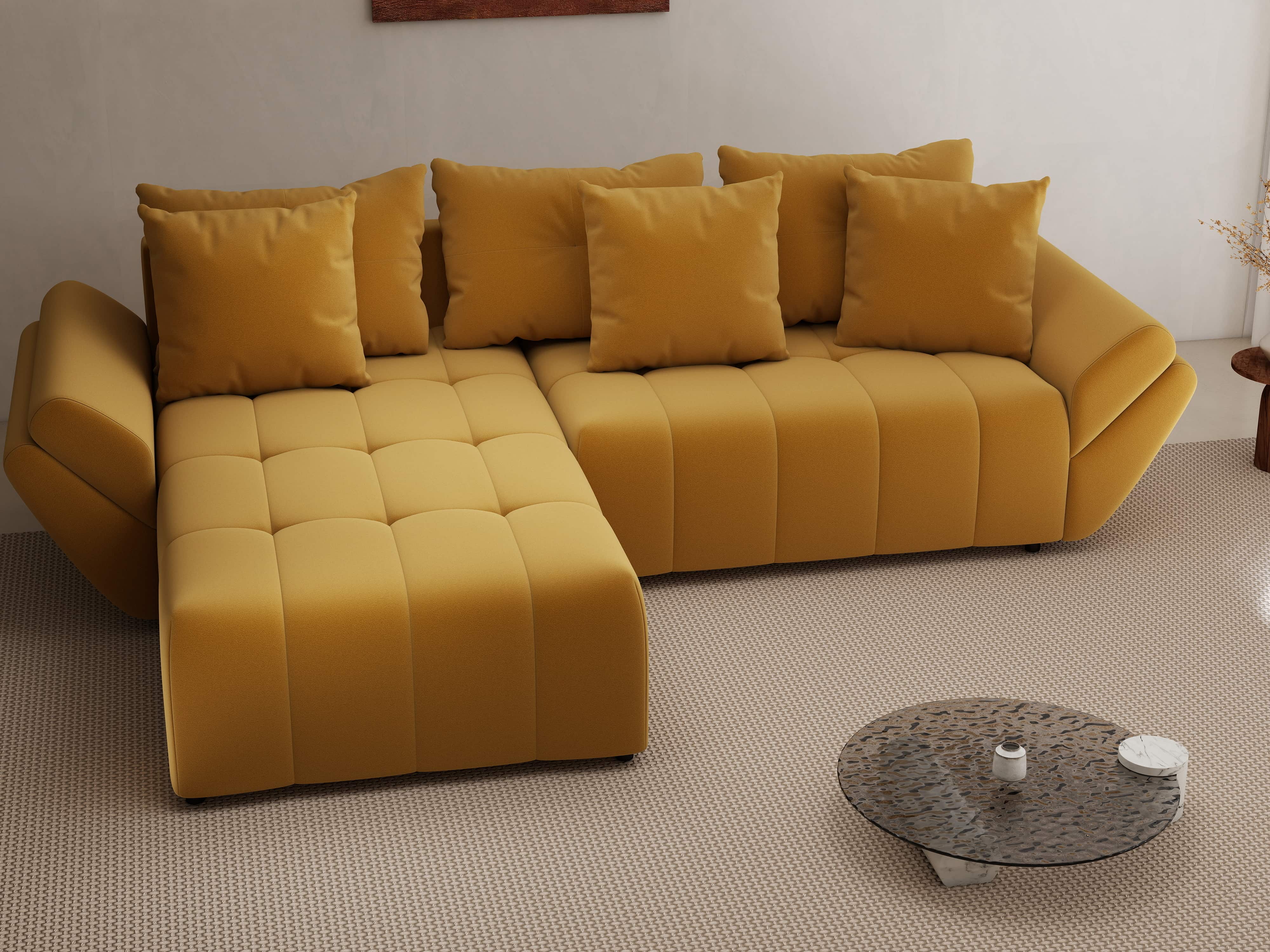 Colțar extensibil dumonde cu ladă de depozitare si sezut confortabil din spuma HR, Berlin Royal Mustar 280x185 cm Fabrica