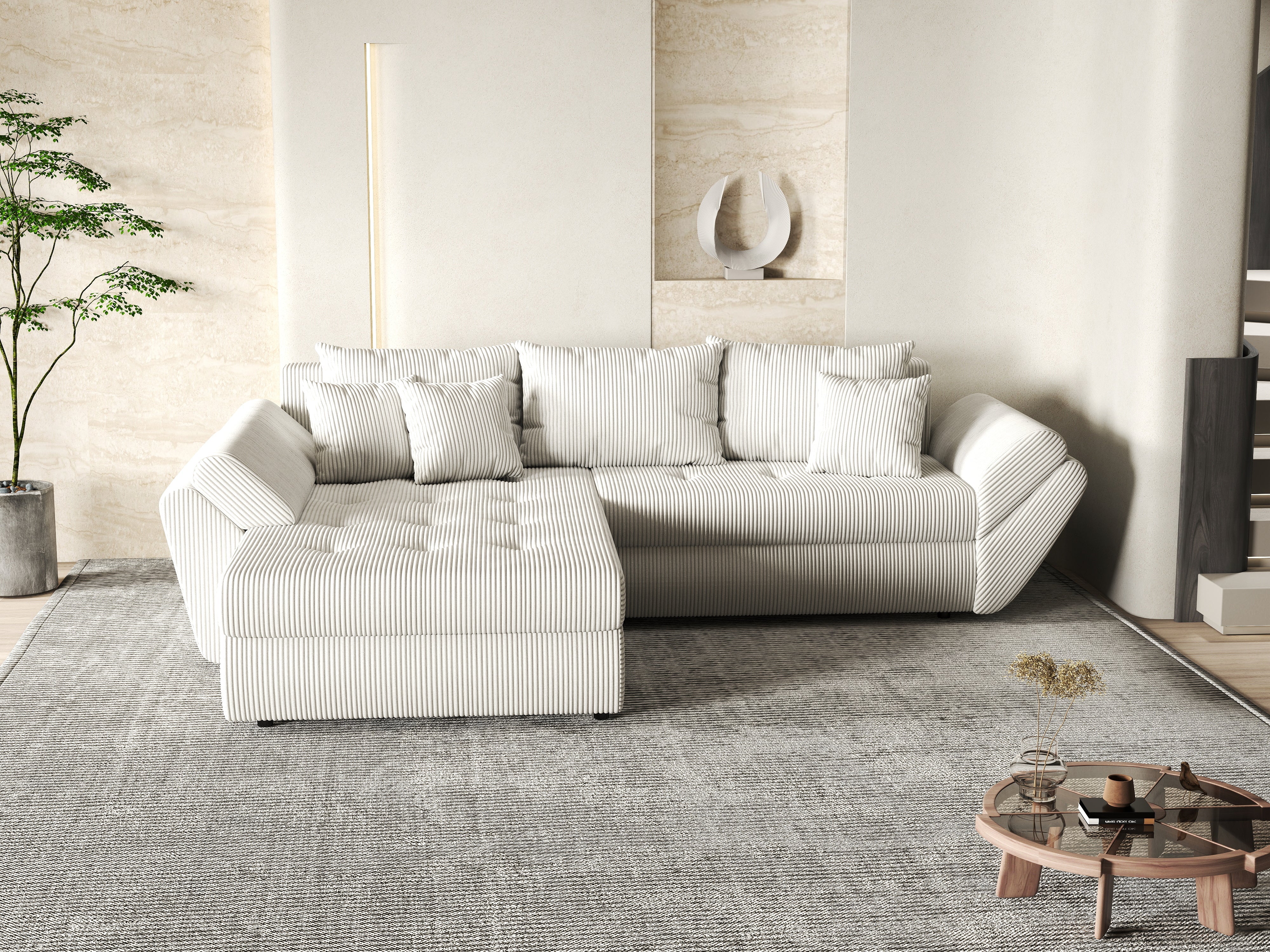 Colțar extensibil dumonde cu ladă de depozitare si sezut confortabil din spuma HR, Loana Zoom Crem 270x185 cm Fabrica