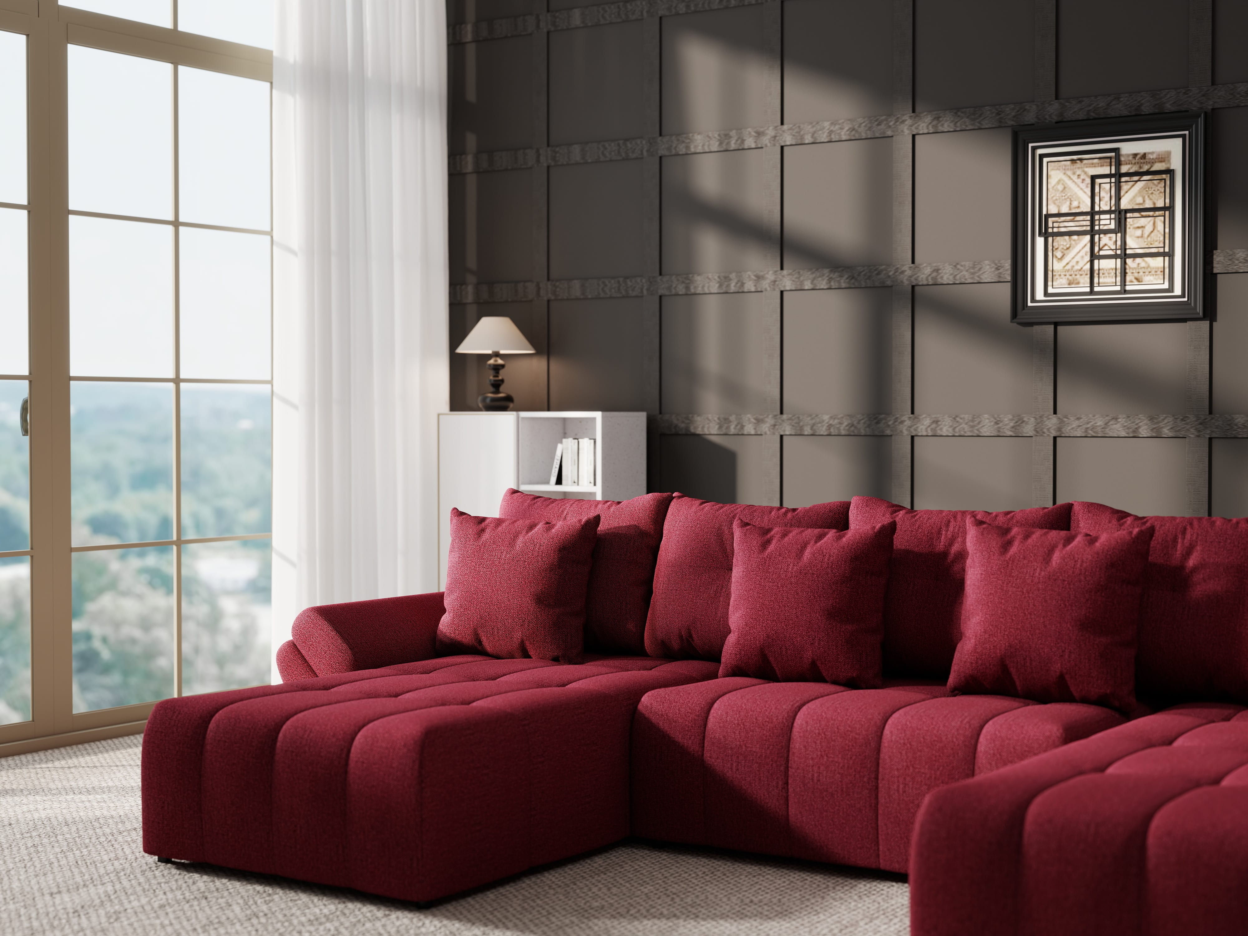 Colțar extensibil dumonde cu ladă de depozitare si sezut confortabil din spuma HR, Berlin U Enjoy Rosu 380x180 cm Fabrica