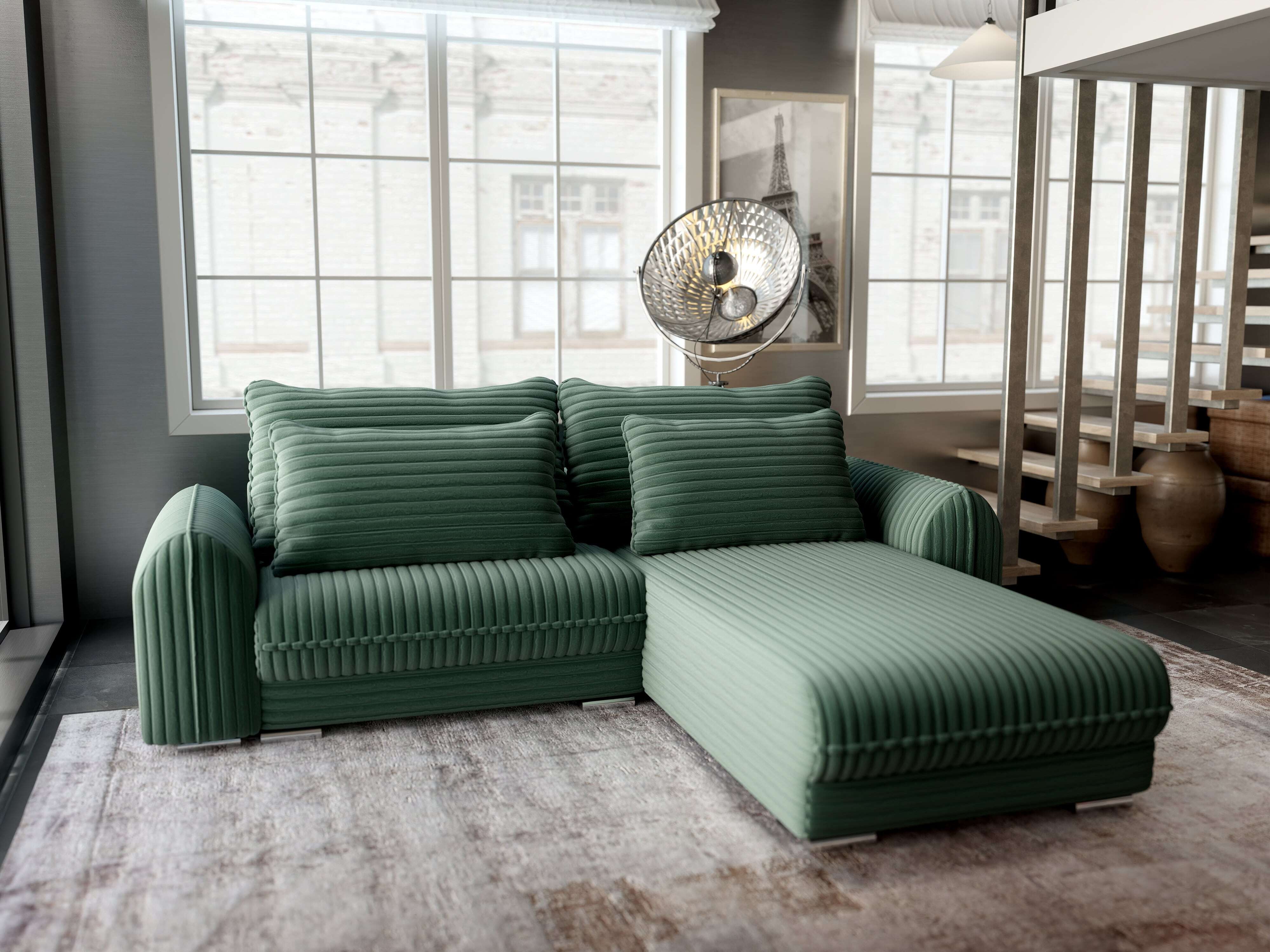 Colțar extensibil dumonde cu ladă de depozitare si sezut confortabil din spuma HR, Denver Ambience Verde 275x185 cm II Fabrica