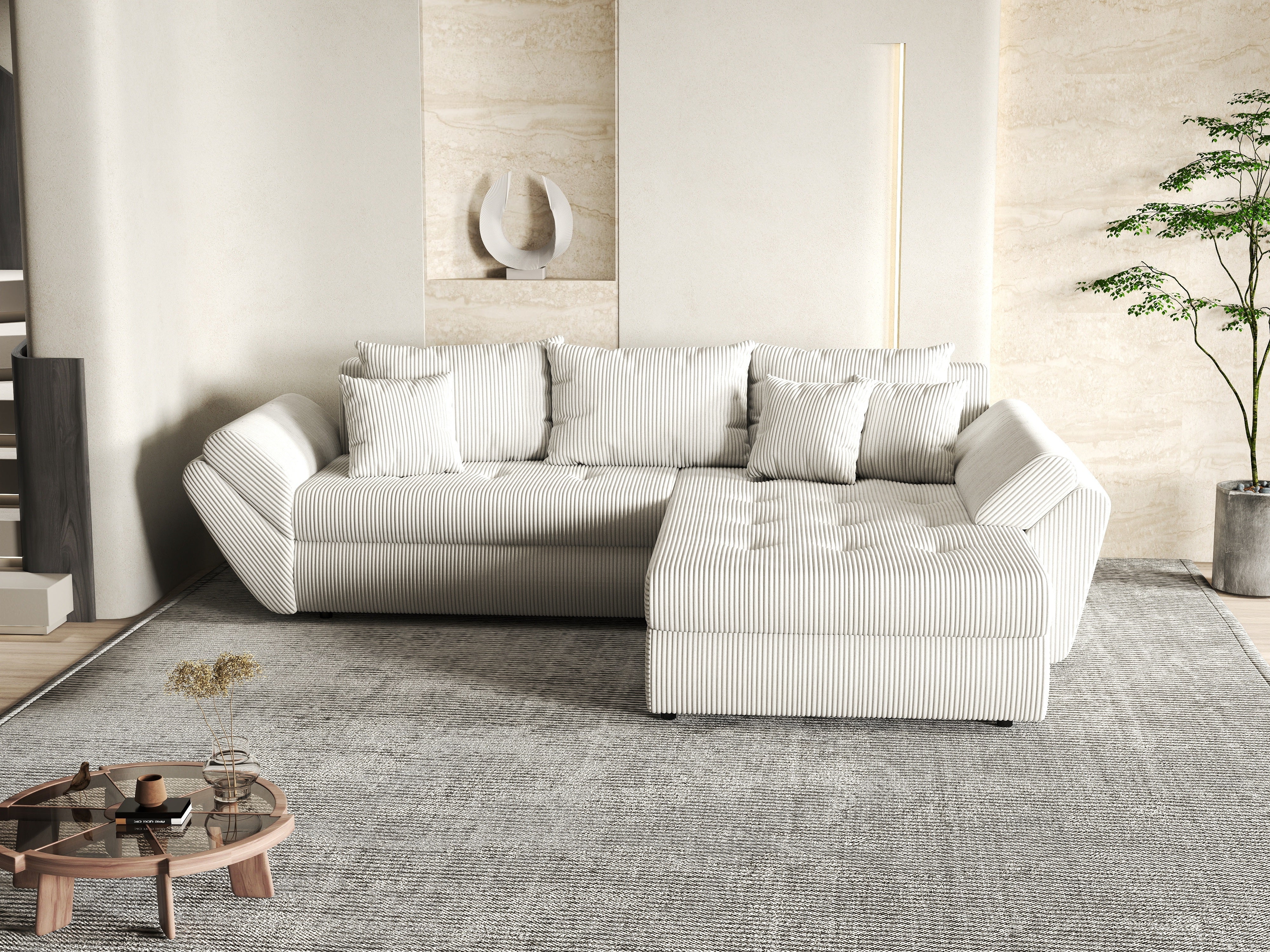 Colțar extensibil dumonde cu ladă de depozitare si sezut confortabil din spuma HR, Loana Zoom Crem II 270x185 cm Fabrica