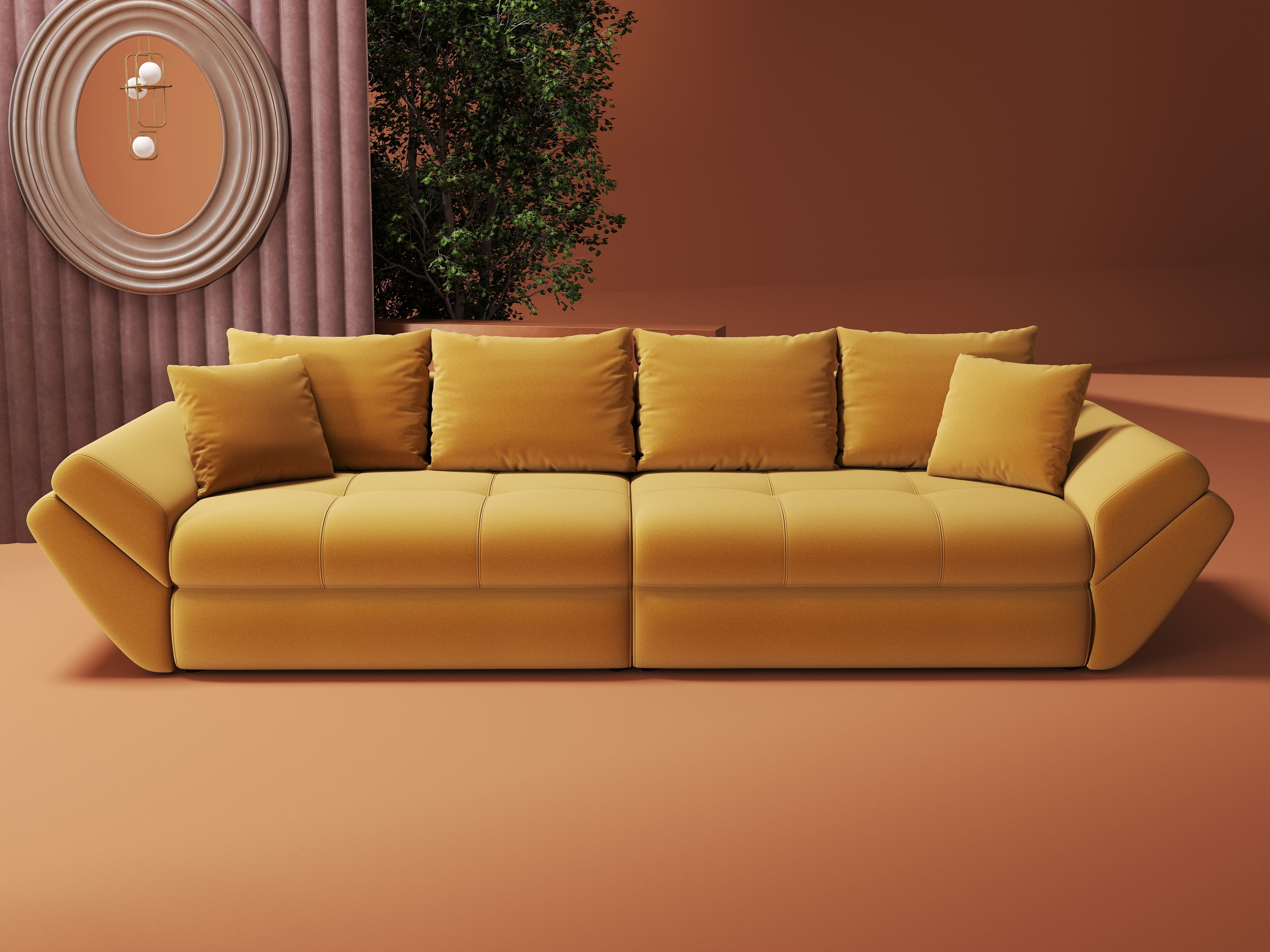 Canapea extensibilă dumonde cu ladă de depozitare si sezut confortabil din spuma HR, Loana Royal Mustar 300x100 cm Fabrica