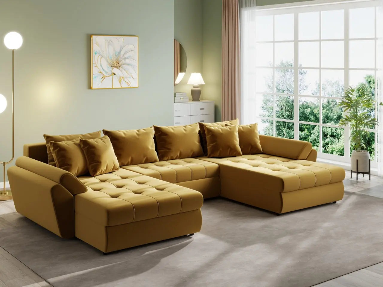 Colțar extensibil dumonde cu ladă de depozitare si sezut confortabil din spuma HR, Loana U Royal Mustar 355x185 cm Fabrica