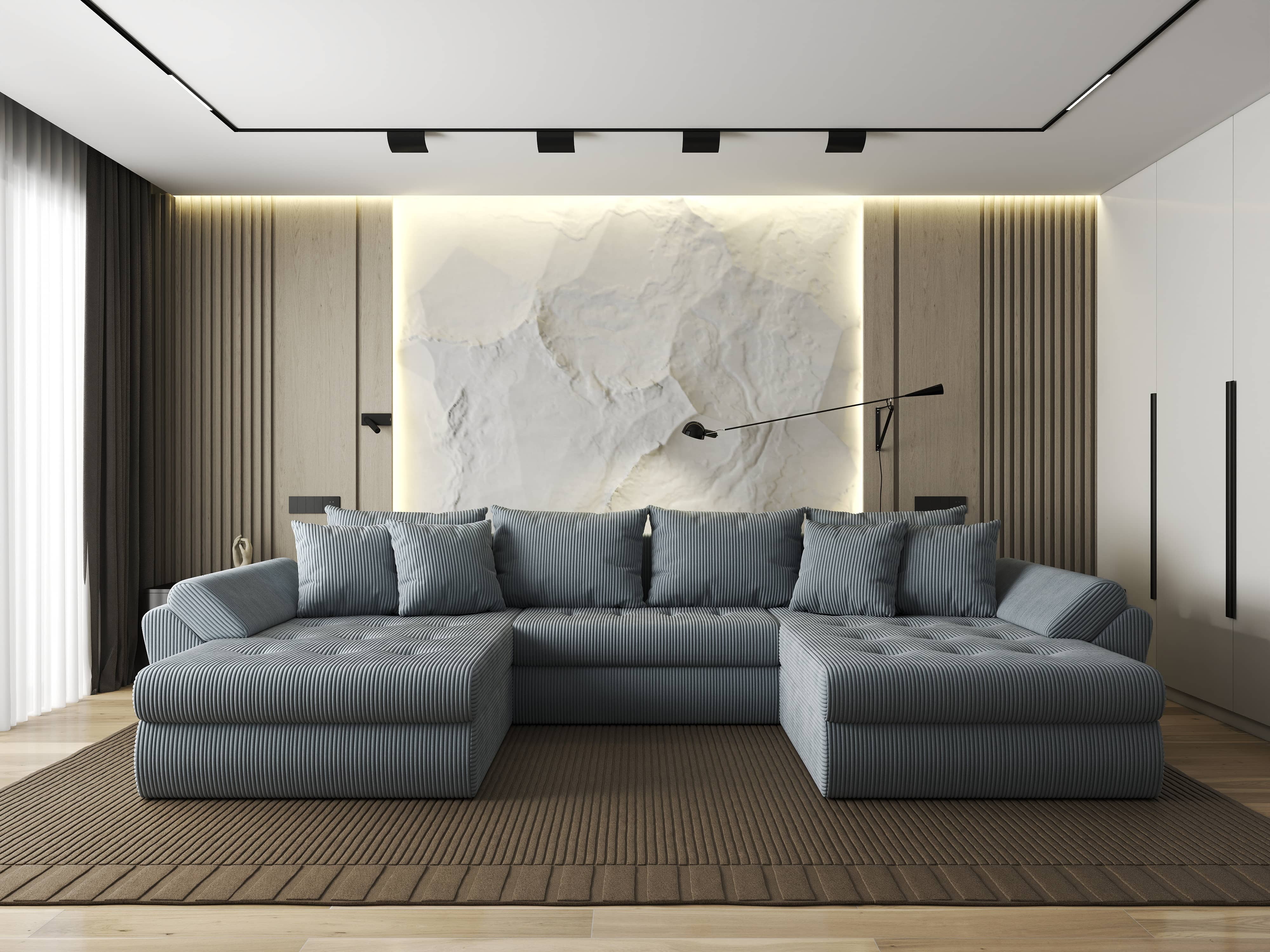 Colțar extensibil dumonde cu ladă de depozitare si sezut confortabil din spuma HR, Loana U Zoom Grey 355x185 cm Fabrica