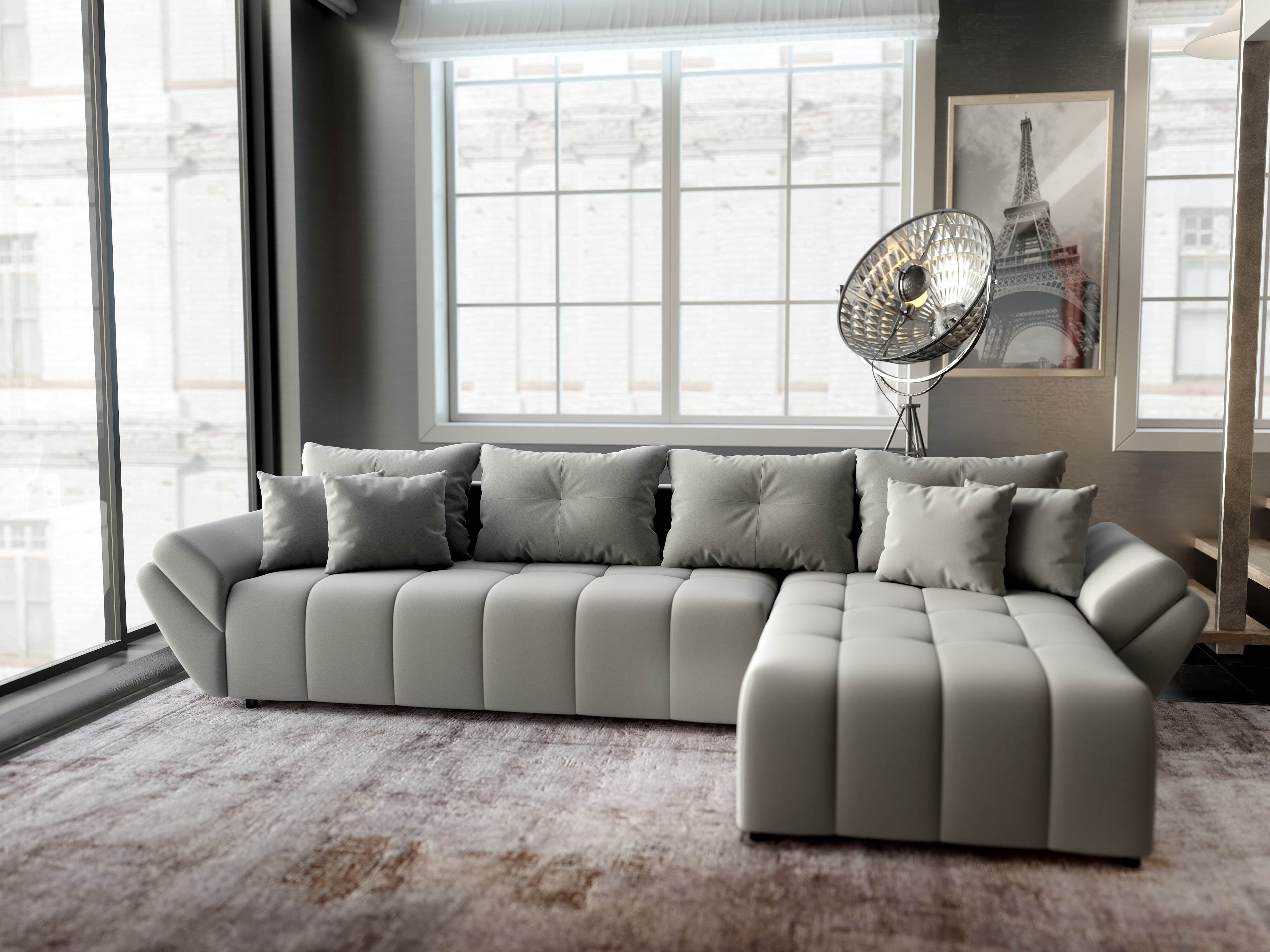 Colțar extensibil dumonde cu ladă de depozitare si sezut confortabil din spuma HR, Berlin XL Royal Gri 350x185 cm II Fabrica