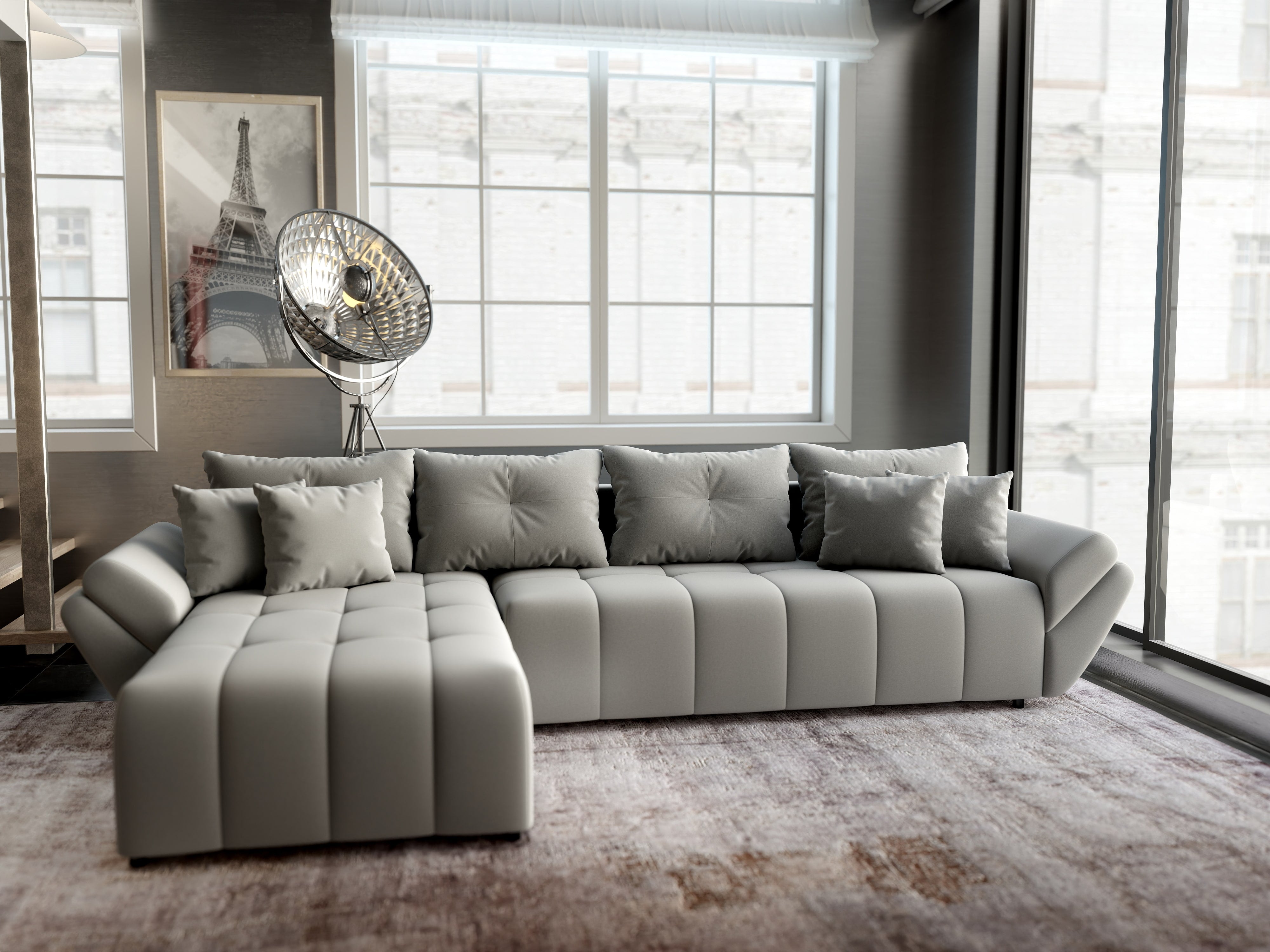 Colțar extensibil dumonde cu ladă de depozitare si sezut confortabil din spuma HR, Berlin XL Royal Gri 350x185 cm Fabrica