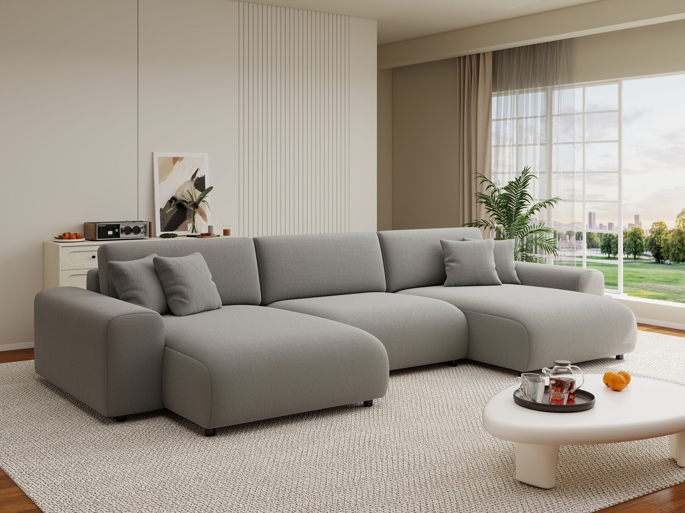 Colțar extensibil dumonde cu ladă de depozitare si sezut confortabil din spuma HR, Sarina U Royal Gri 350x168 cm