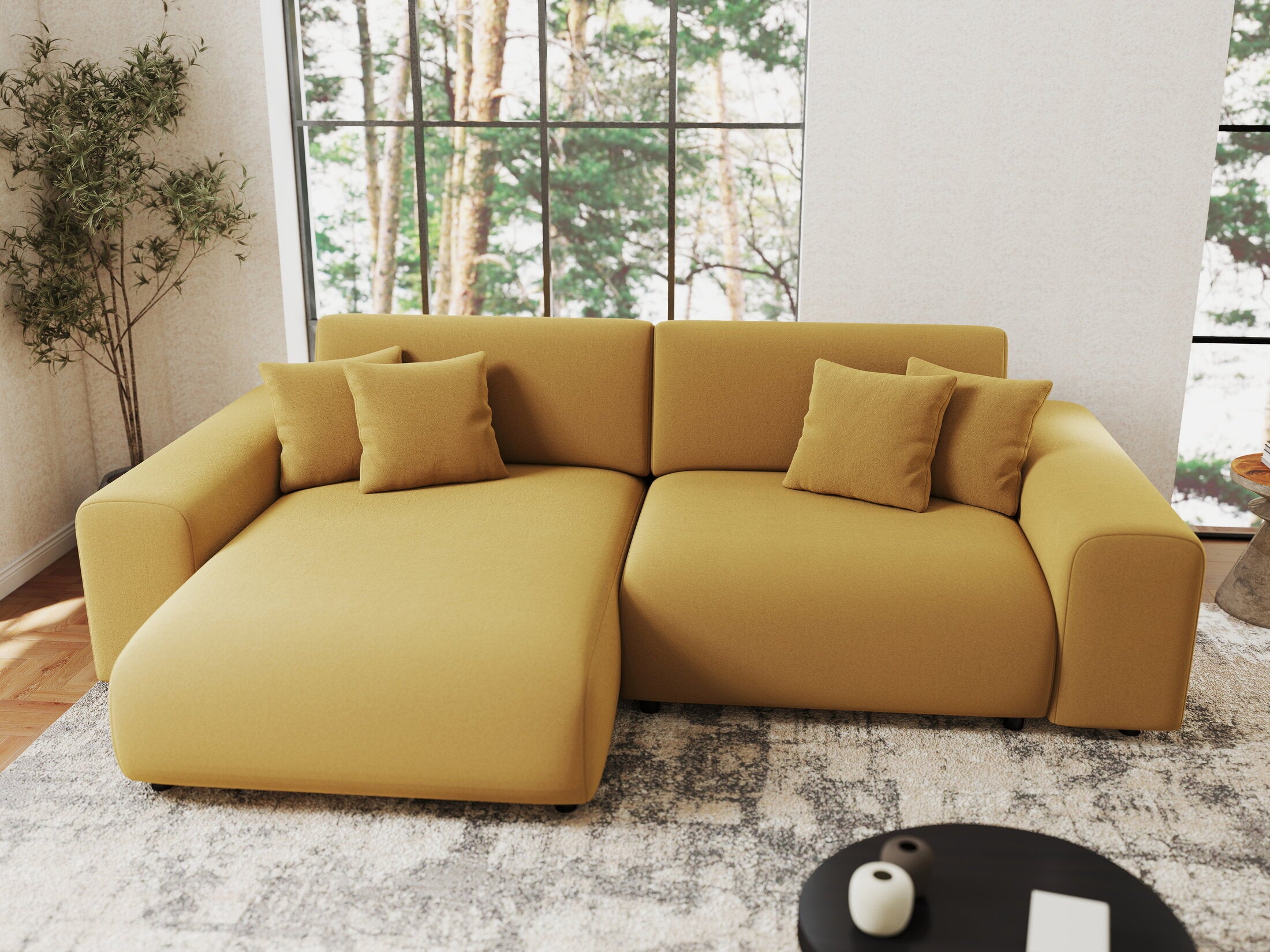 Colțar extensibil dumonde cu ladă de depozitare si sezut confortabil din spuma HR, Sarina Royal Mustar 255x168 cm