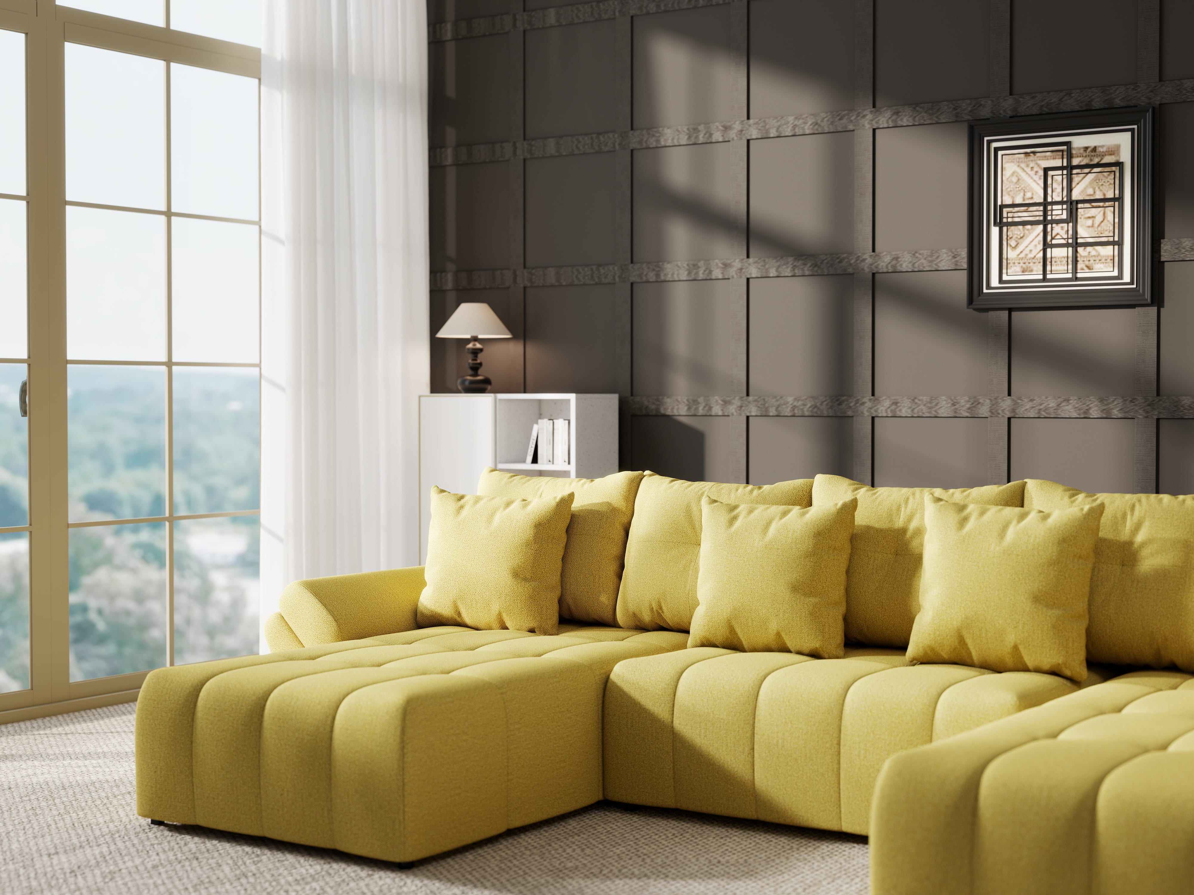 Colțar extensibil dumonde cu ladă de depozitare si sezut confortabil din spuma HR, Berlin U Enjoy Melon 380x180 cm Fabrica