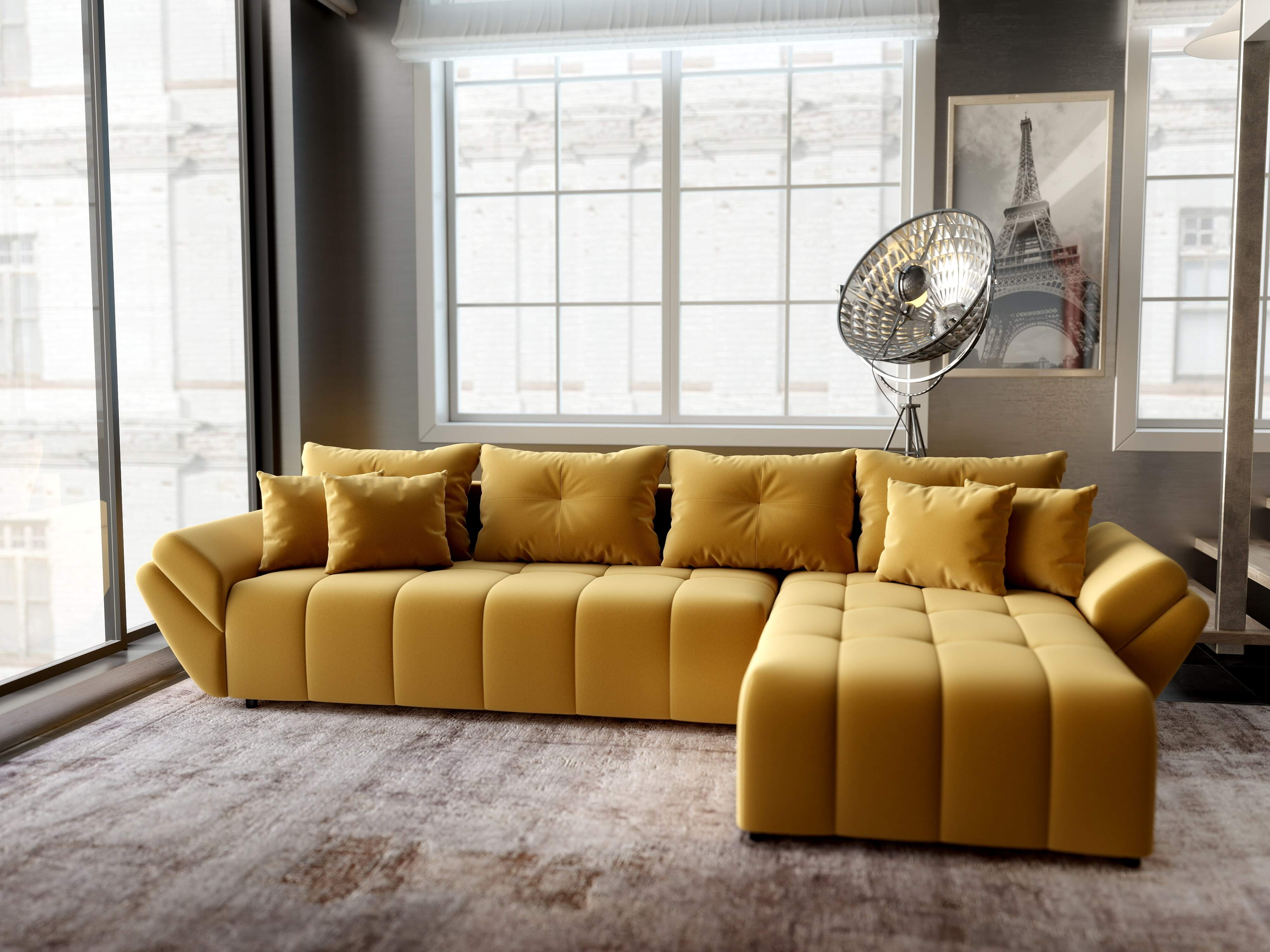 Colțar extensibil dumonde cu ladă de depozitare si sezut confortabil din spuma HR, Berlin XL Royal Mustar 350x185 cm II Fabrica