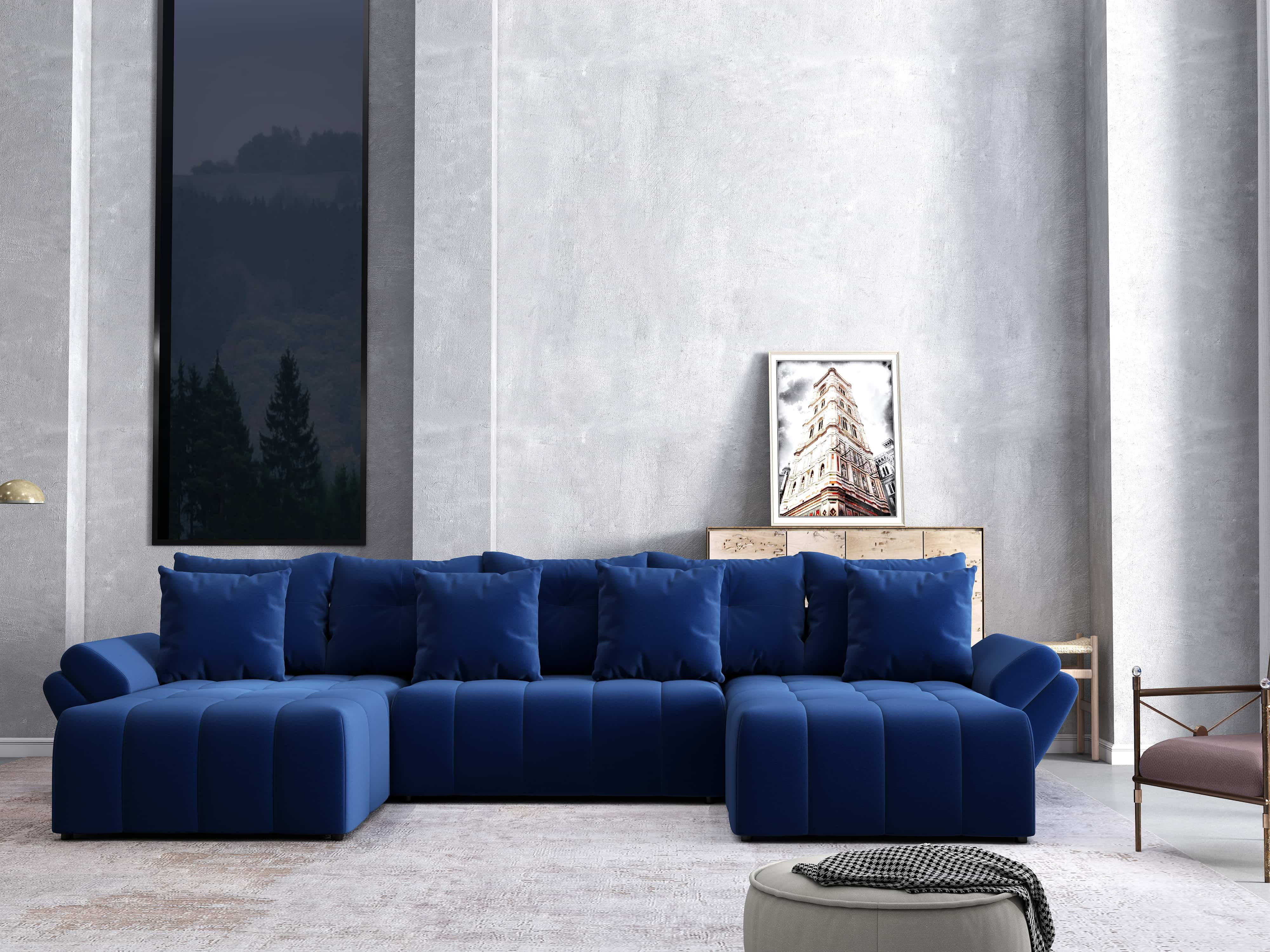 Colțar extensibil dumonde cu ladă de depozitare si sezut confortabil din spuma HR, Berlin U Royal Blue 380x180 cm Fabrica