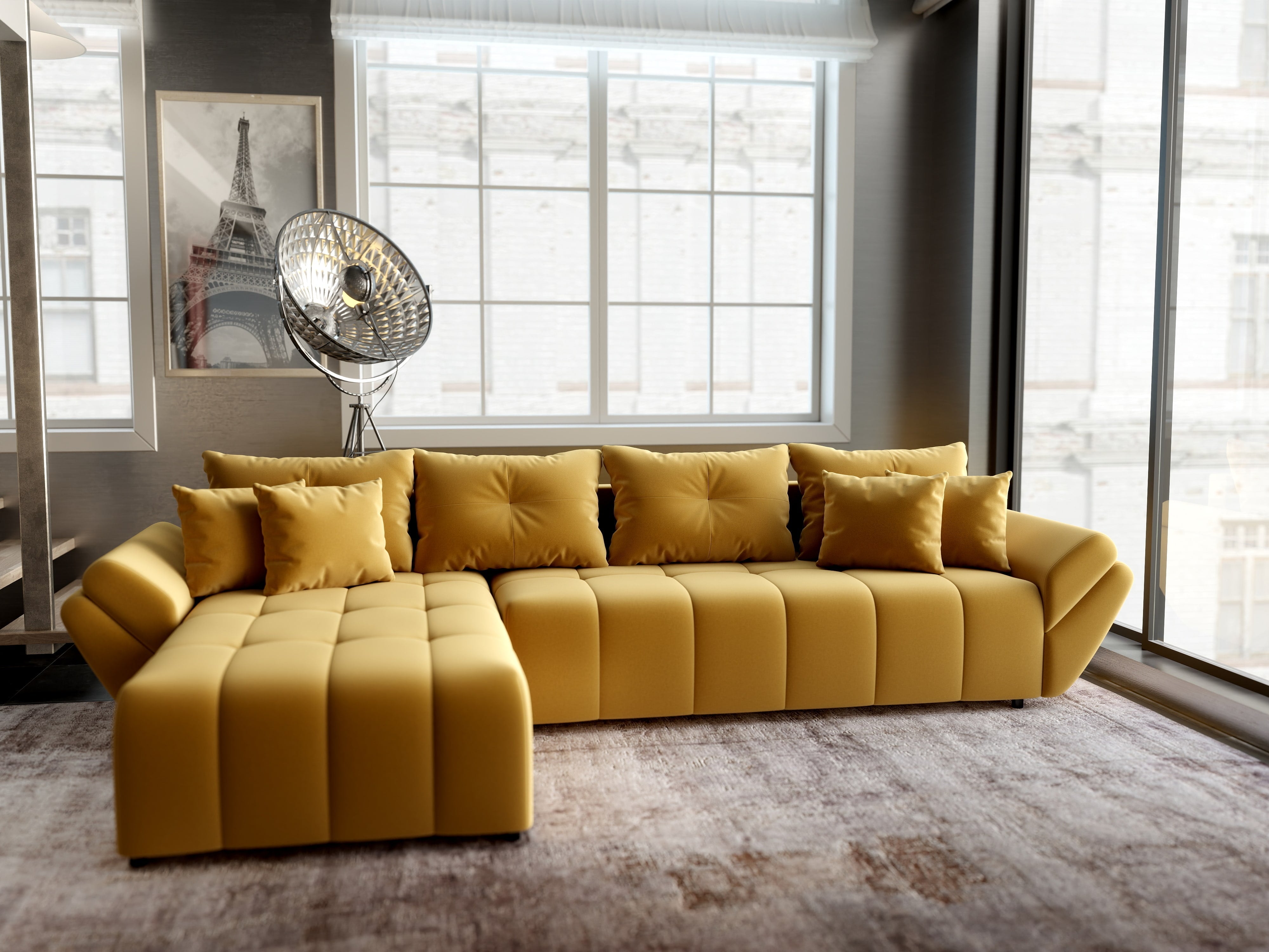 Colțar extensibil dumonde cu ladă de depozitare si sezut confortabil din spuma HR, Berlin XL Royal Mustar 350x185 cm Fabrica