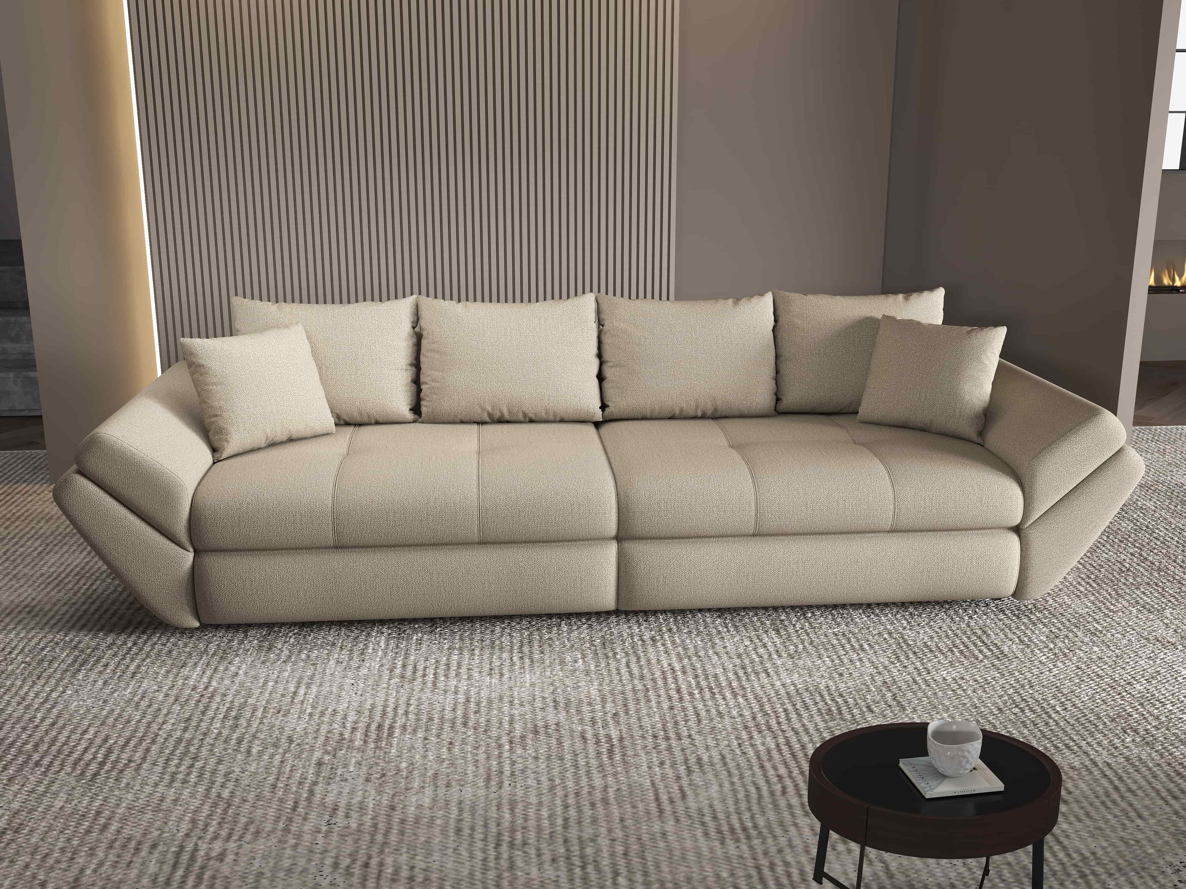 Canapea extensibilă dumonde cu ladă de depozitare si sezut confortabil din spuma HR, Loana Enjoy Camel 300x100 cm Fabrica