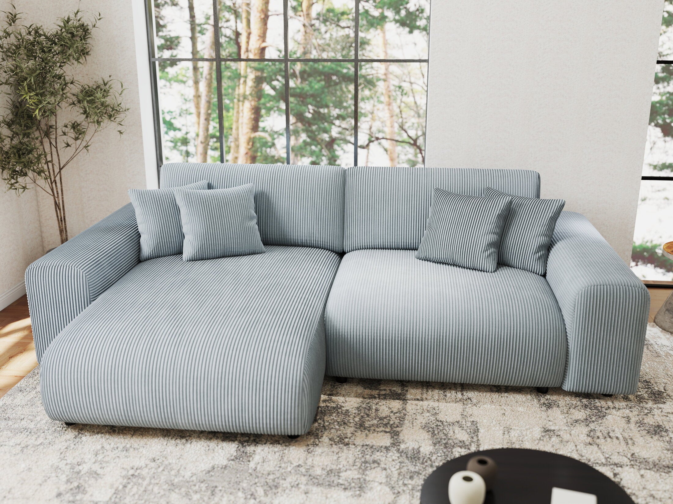 Colțar extensibil dumonde cu ladă de depozitare si sezut confortabil din spuma HR, Sarina Zoom Gri Mint 255x168 cm