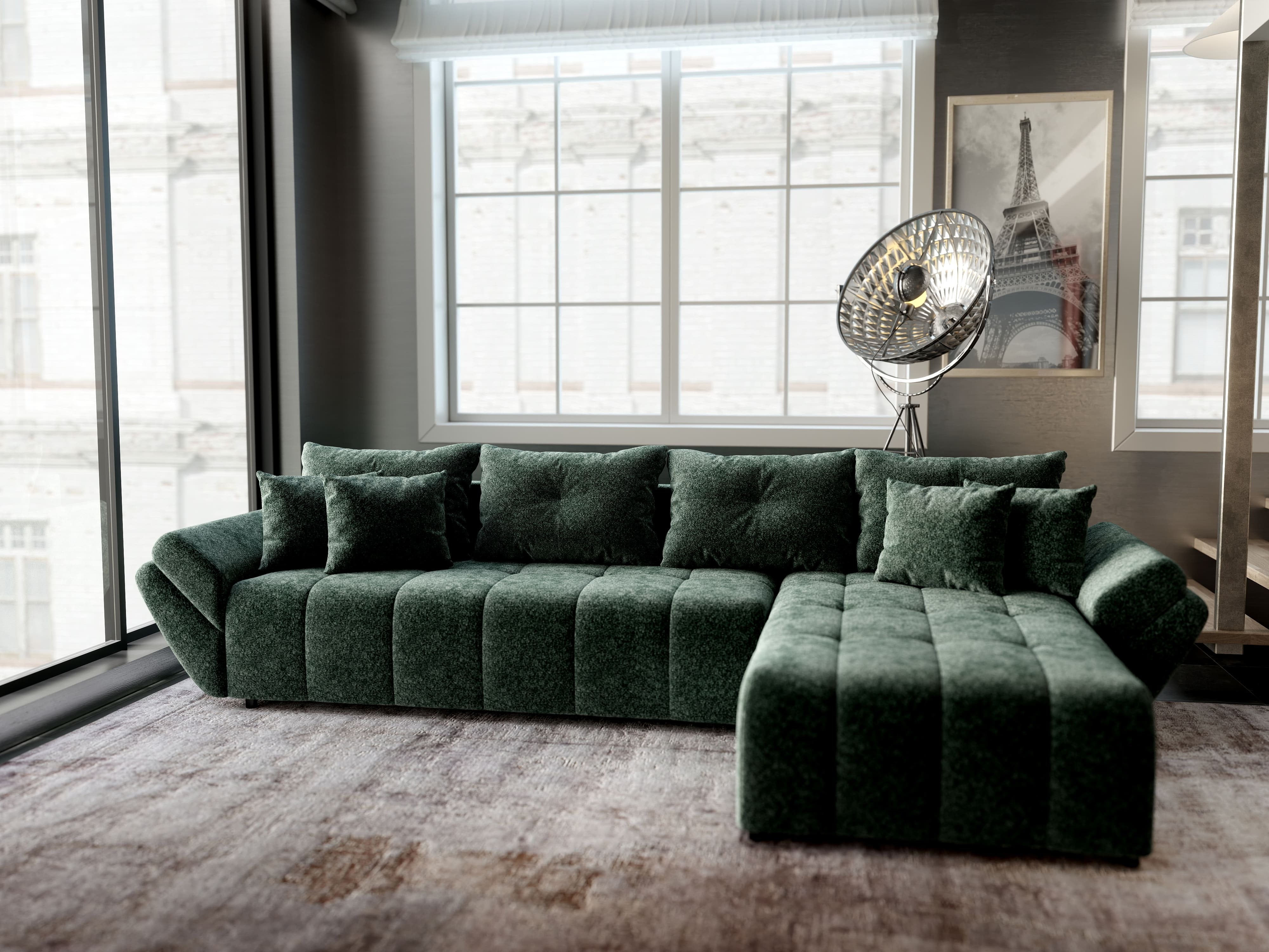 Colțar extensibil dumonde cu ladă de depozitare si sezut confortabil din spuma HR, Berlin XL Euphoria Green 350x185 cm II Fabrica